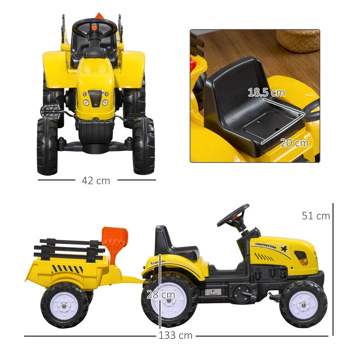 HOMCOM Trattore a Pedali per Bambini 3+ Anni con Rimorchio, Giallo