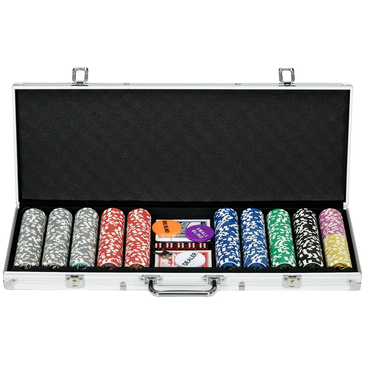 SPORTNOW Set Poker Professionale 500 Fiches 11.5g, 2 Mazzi Carte, 5 Dadi, Alluminio Poliestere Argento
