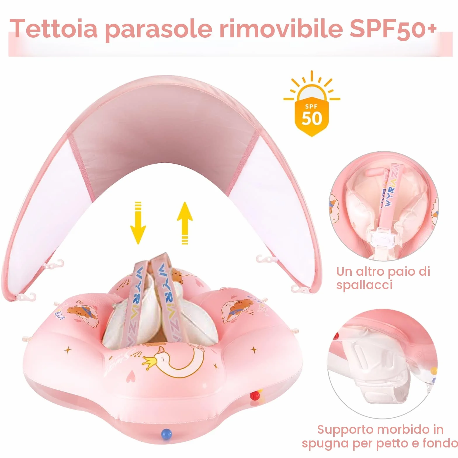 WYRIAZA Salvagente Neonato, Ciambella Neonato Mare | Salvagente Neonato con Parasole SPF 50+ | Salvagente Neonato 5-16Kgs Aggiornato con Sfera di Equilibrio per Evitare Il Ribaltamento