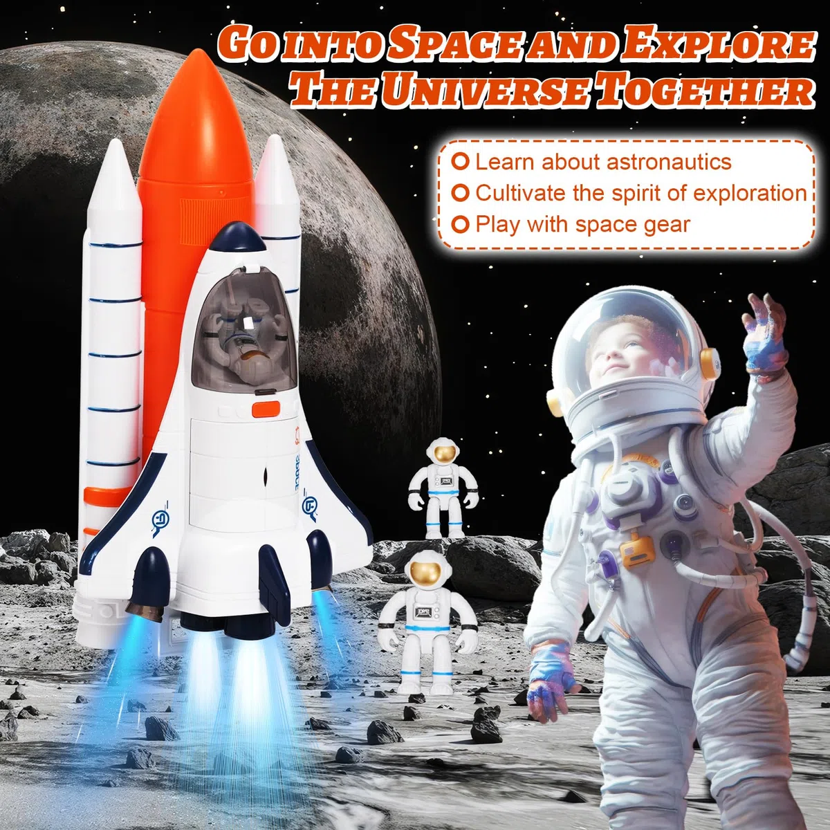 Space Shuttle, giocattolo per bambini con suono e luce, 2 astronauti, giocattolo spaziale per ragazzi e ragazze