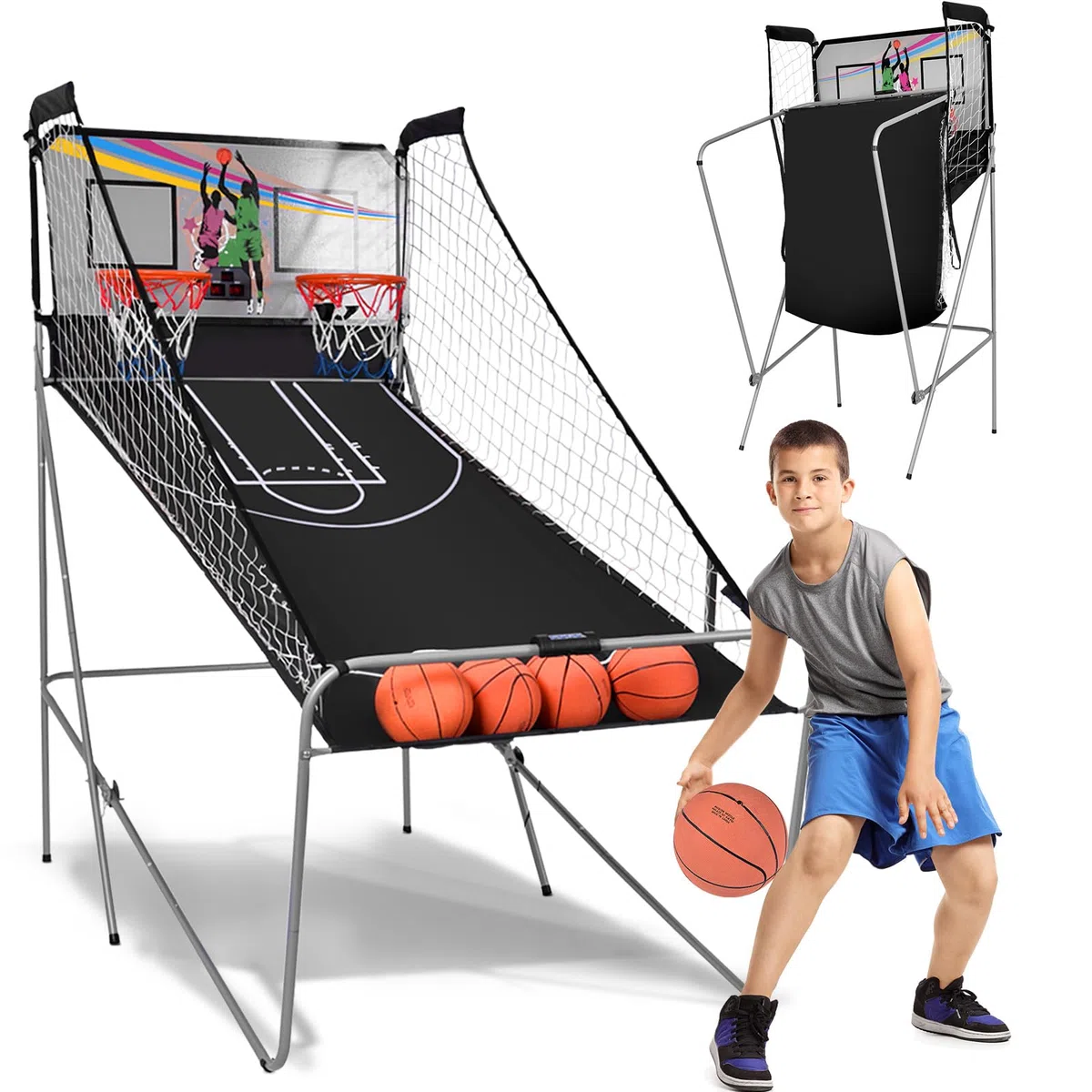 LIFEZEAL Gioco Arcade di Pallacanestro pieghevole, doppio cestino da Basket con 8 modalità di gioco e contatore per 2 persone, rete di sicurezza, telaio in metallo, 4 palloncini, 1 pompa (B)