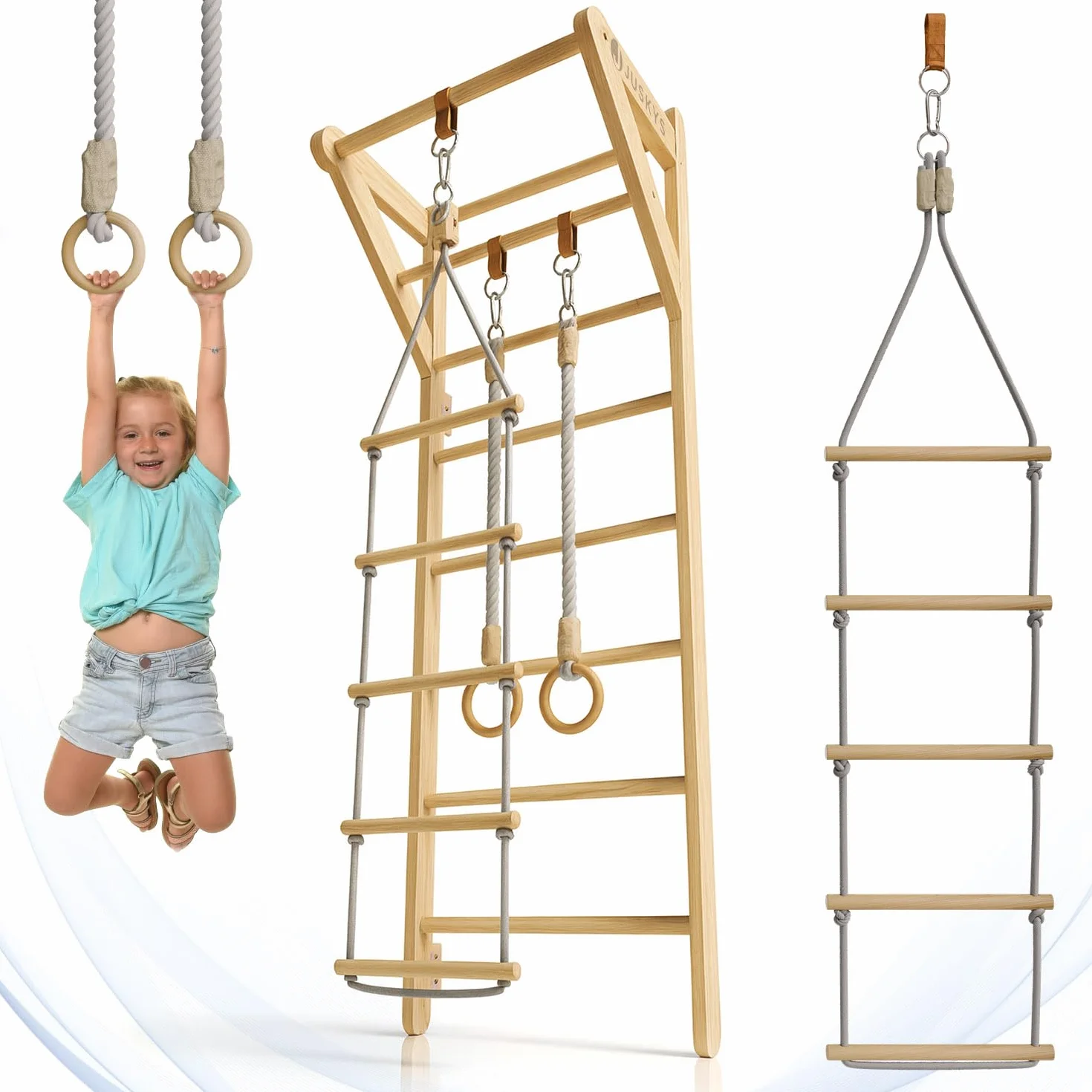 Juskys spalliera per bambini - con barra di trazione, struttura di arrampicata per interni con anelli ginnici e scala di corda, parete di arrampicata per la stanza dei bambini, barra ginnica