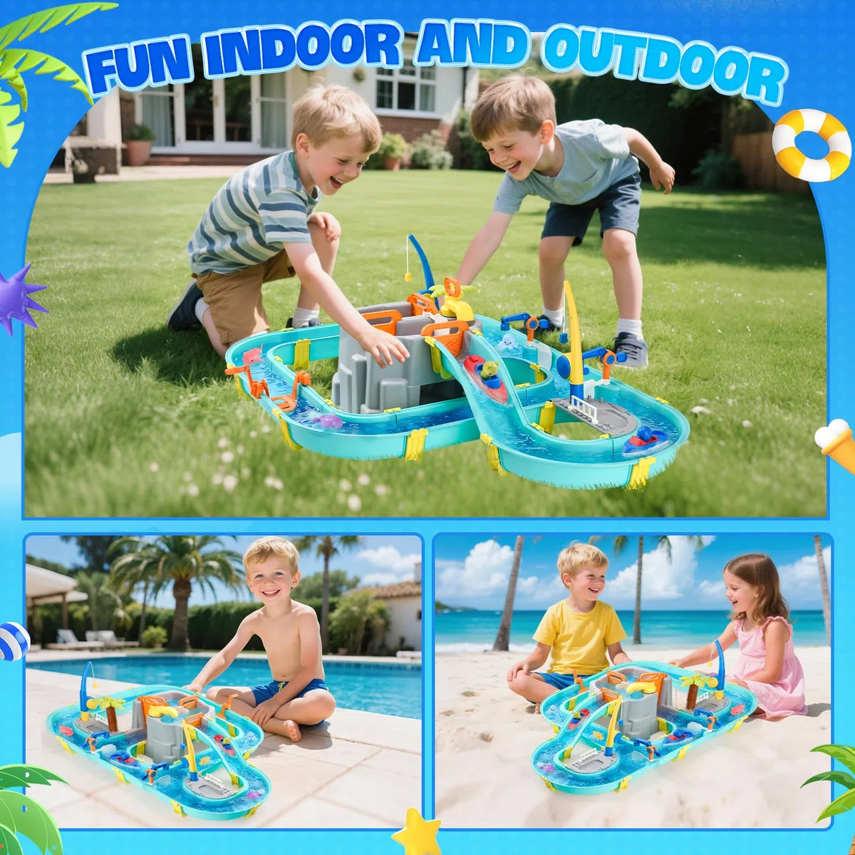 Gioco Acqua con Pista, 80 Pezzi Tavolo Acqua Bambini Esterno - con Barche, Pesca Magnetica & Animaletti, Giocattolo Estivo per Giardino e Spiaggia da 3+ Anni
