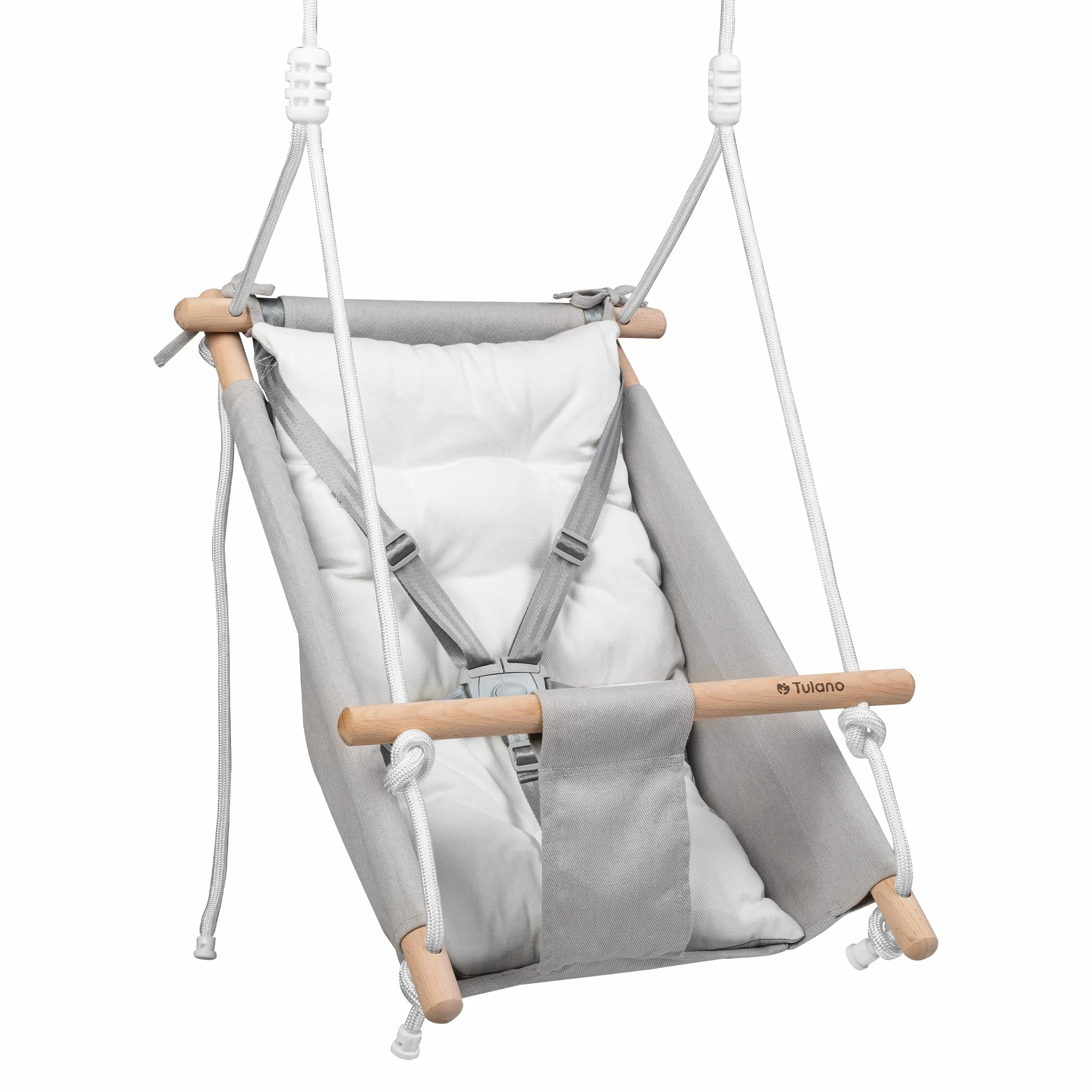 Tulano Hop 40 Altalena per bambini 3in1 - Altalena sospesa e seggiolino in cotone e legno - Dai 6 mesi - Imbottitura sicura - Portata 60 kg - Per interno ed esterno - Grigio