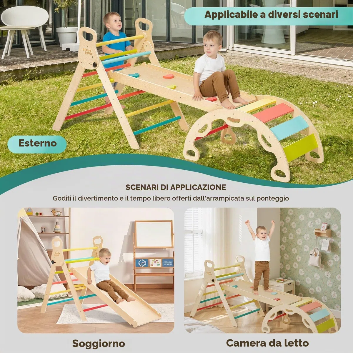 Giant bean Trianglello per Arrampicata Montessori 5 in 1 con Arco da Scalata e Scivolo, Struttura in Legno per Bambini 2-5 Anni