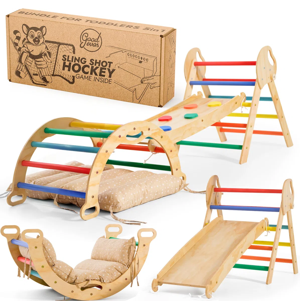 Set Montessori 5-in-1 per arrampicata: triangolo da arrampicata, arco con cuscino e scivolo per bambini 1-3 anni