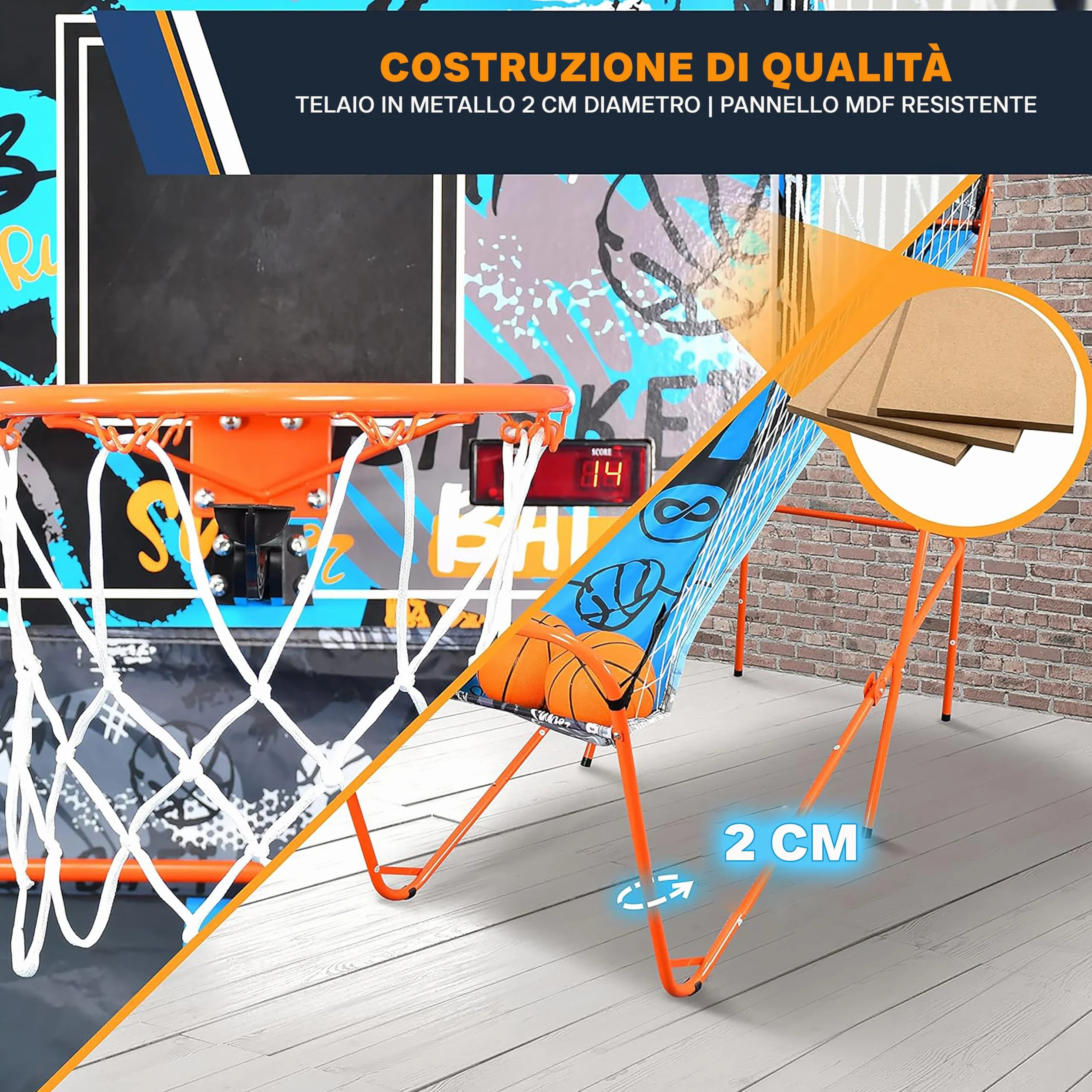 SereneLife Canestro Basket Esterno e Interno, Canestro da Basket Singolo Tiro con Opzione Audio, Grande Segnapunti LED, Blu