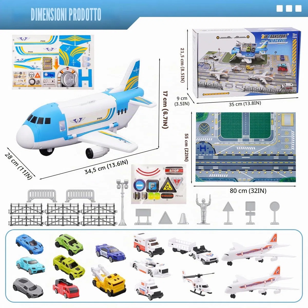 Set Giocattoli Trasporto Aereo Auto 15 Mezzi con Segnaletica Stradale Tappetini da Gioco Regalo Bambini 3+