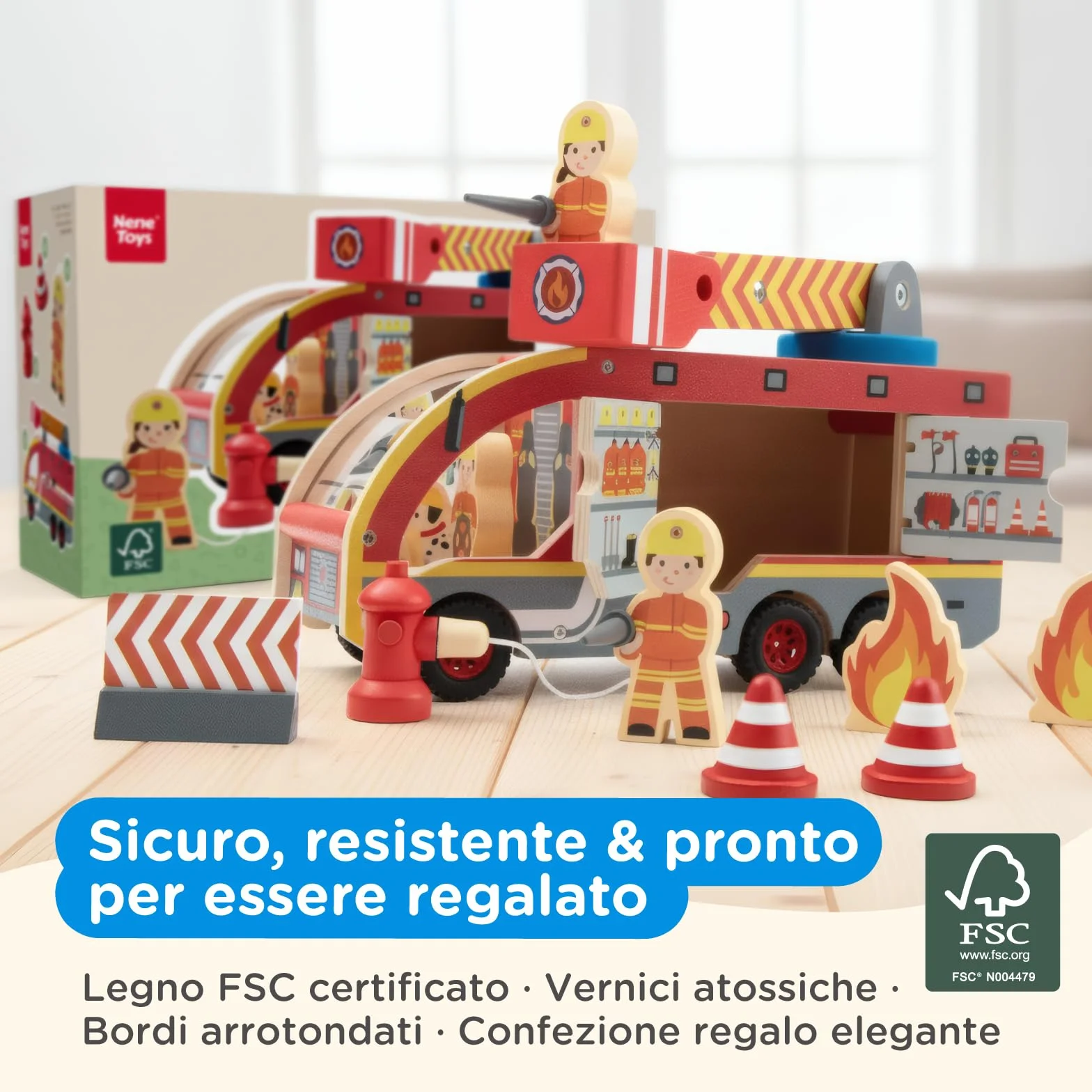 Nene Toys Camion dei Pompieri in Legno – Giocattolo Educativo Magnetico per Bambini 2+ Anni – Scala Girevole 360°, Tubi Magnetici, Idrante, Pompieri & Dalmata – Gioco Montessori FSC Regalo Perfetto