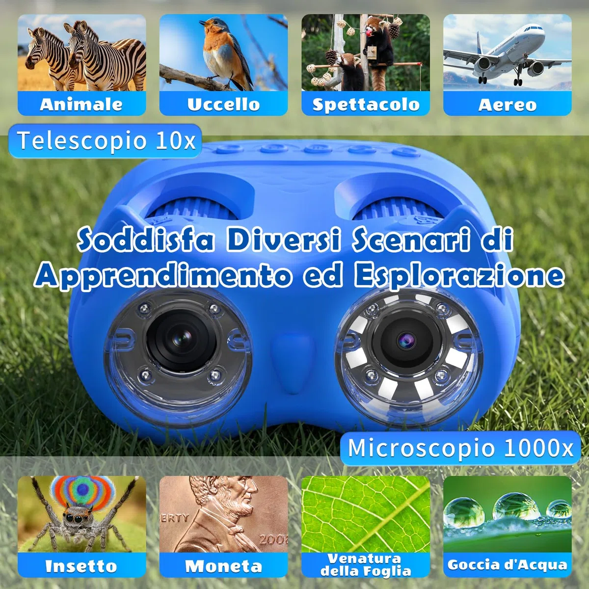 Microscopio Bambini 2 in 1 per Bambini e Binocolo, HD IPS da 2,0", 1000x, 8 LED, 1080P, Microscopi Adatti a Bambini e Bambine dai 3 Anni in Su, Blu