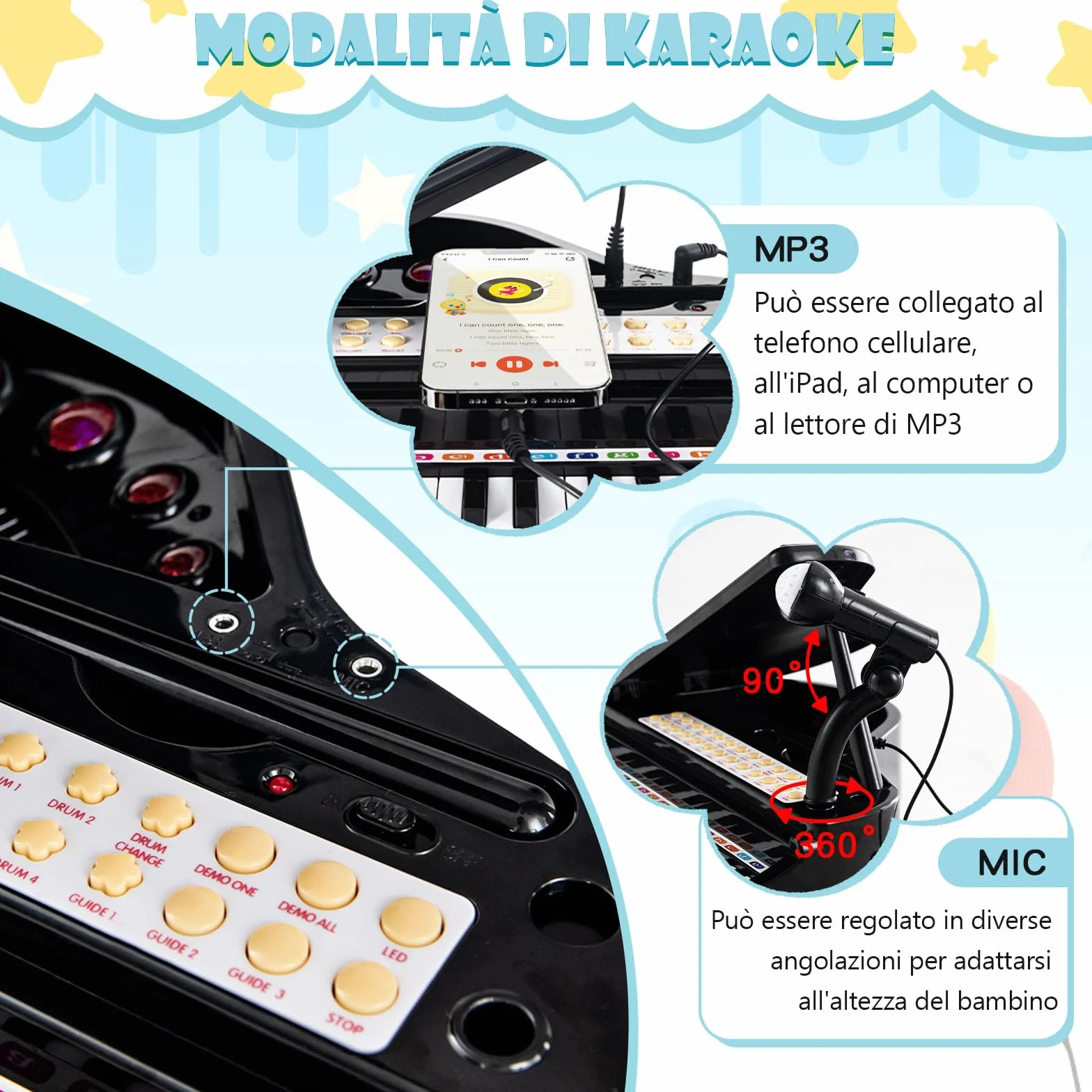 RELAX4LIFE Pianoforte per Bambini con 31 Tasti e Sgabello, Tastiera Pianoforte Elettronico con Microfono Regolabile, Giocattolo Musicale Regalo per Bambini 3+ Anni (Nero)