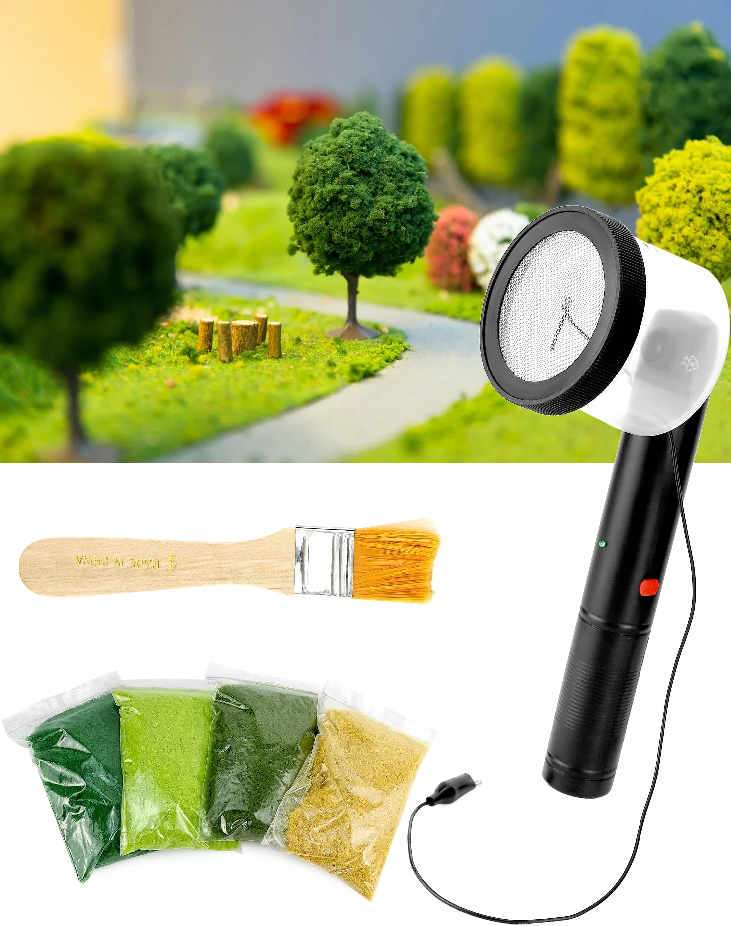 QWORK® Mini Applicatore Elettrostatico per Erba, con 4 Colori di Erba da Modellismo e Pennello, per Diorami, Plastici e Paesaggi Modello Fai da Te