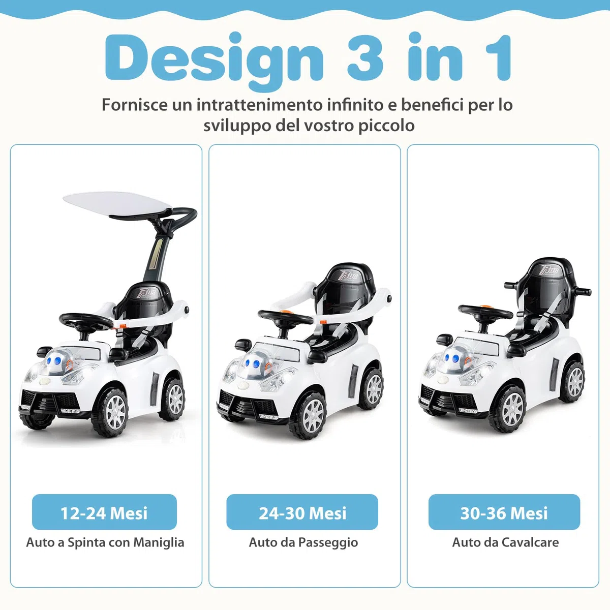 COSTWAY 3 in 1 Auto a Spinta Macchinina da Passeggio per Bambini 1+ Anni Bianco