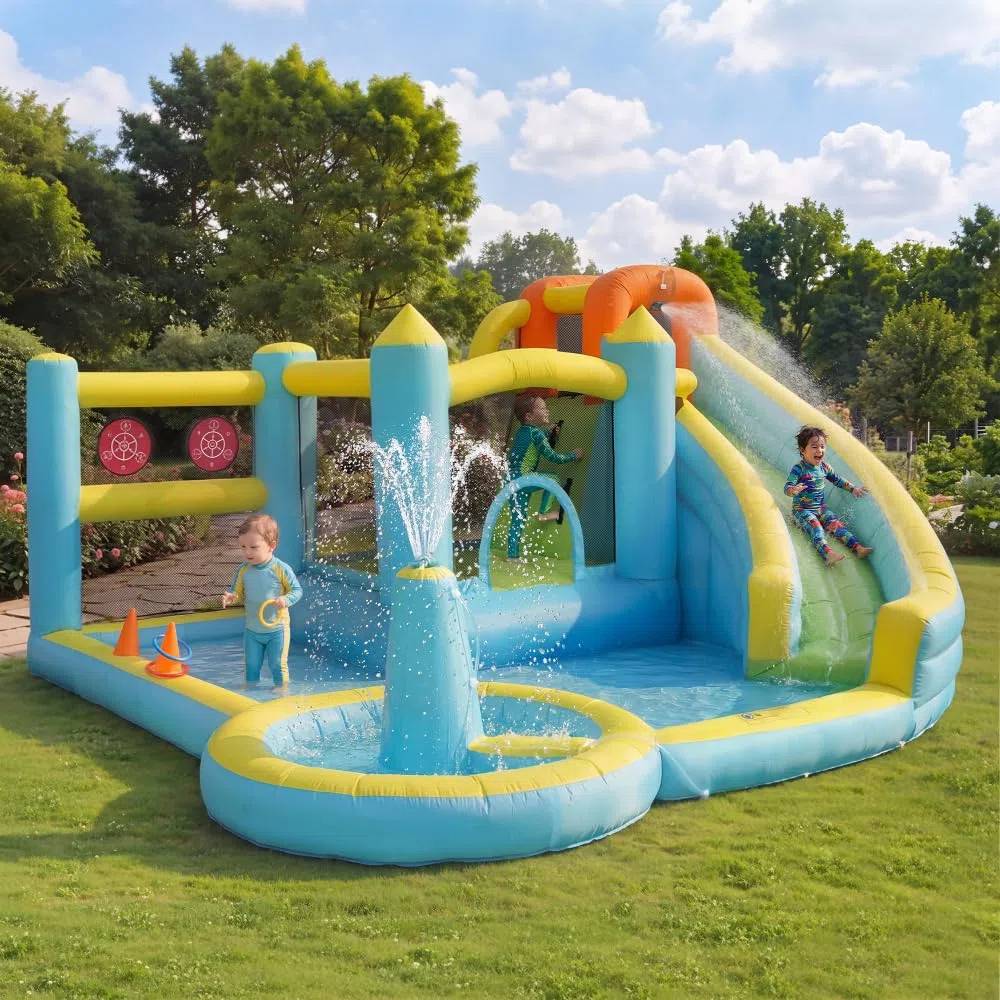 Hüpfburg, Parco acquatico con acquascivolo e piscina, gonfiabile, per giardino all'aperto, parco giochi acquatici con ventilatore, grande giocattolo gonfiabile per bambini (430 x 390 x 210 cm)