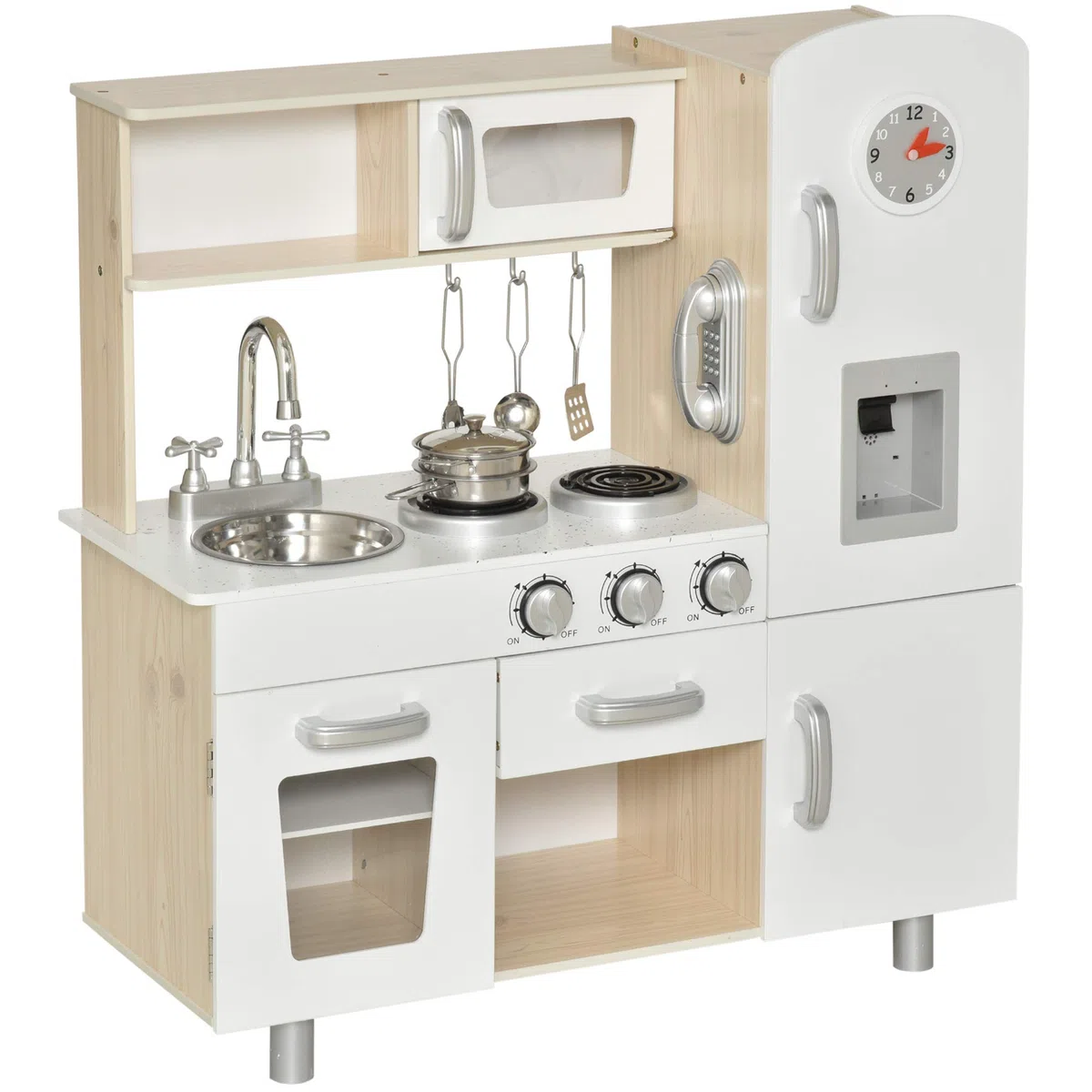 HOMCOM Cucina Giocattolo in Legno per Bambini con Lavandino e Fornelli, Pentole e Utensili in Acciaio, 74x30x81cm, Bianco
