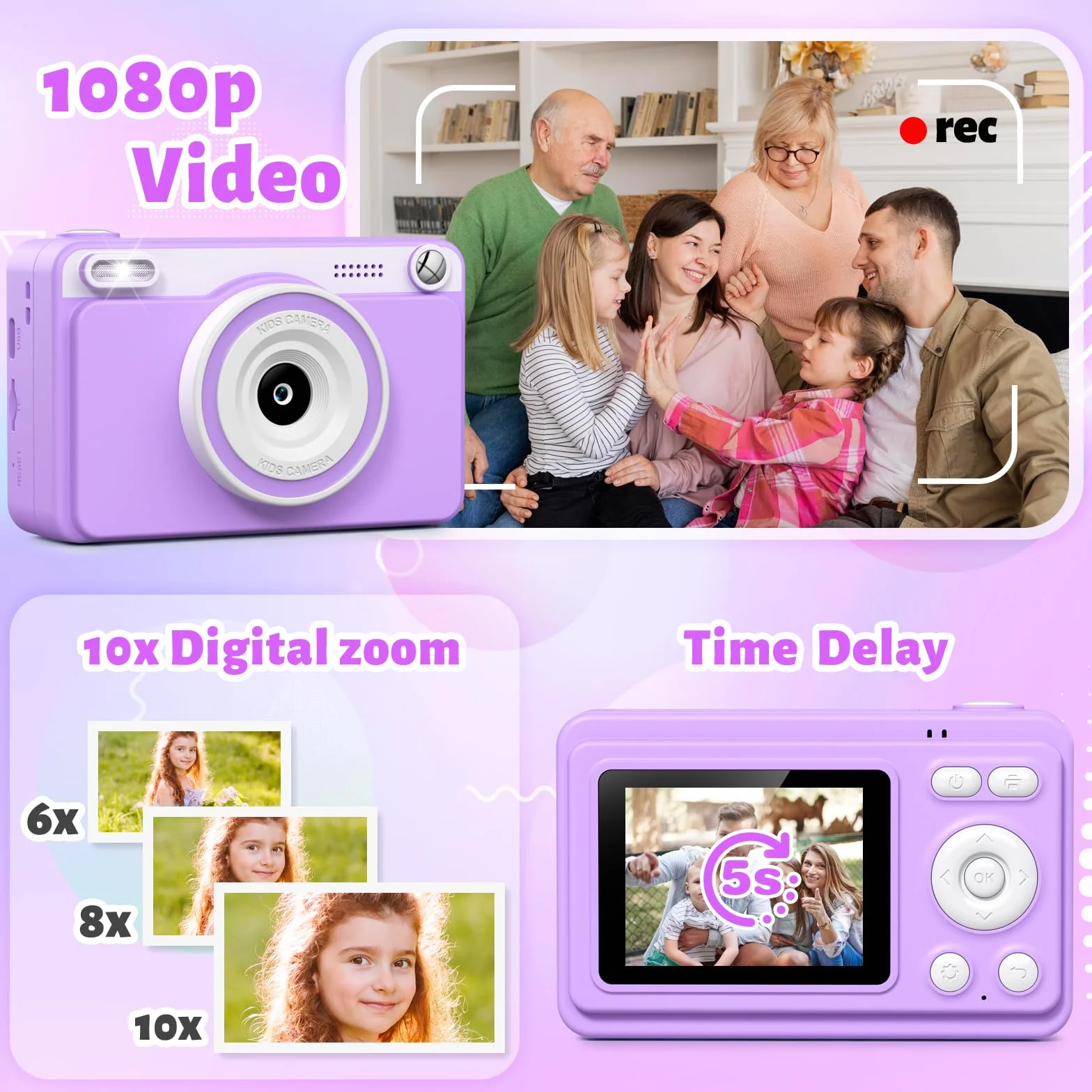 Macchina Fotografica Bambini Istantanea 2.4" Schermo 1080P con 32GB Scheda Regalo 3-14 Anni