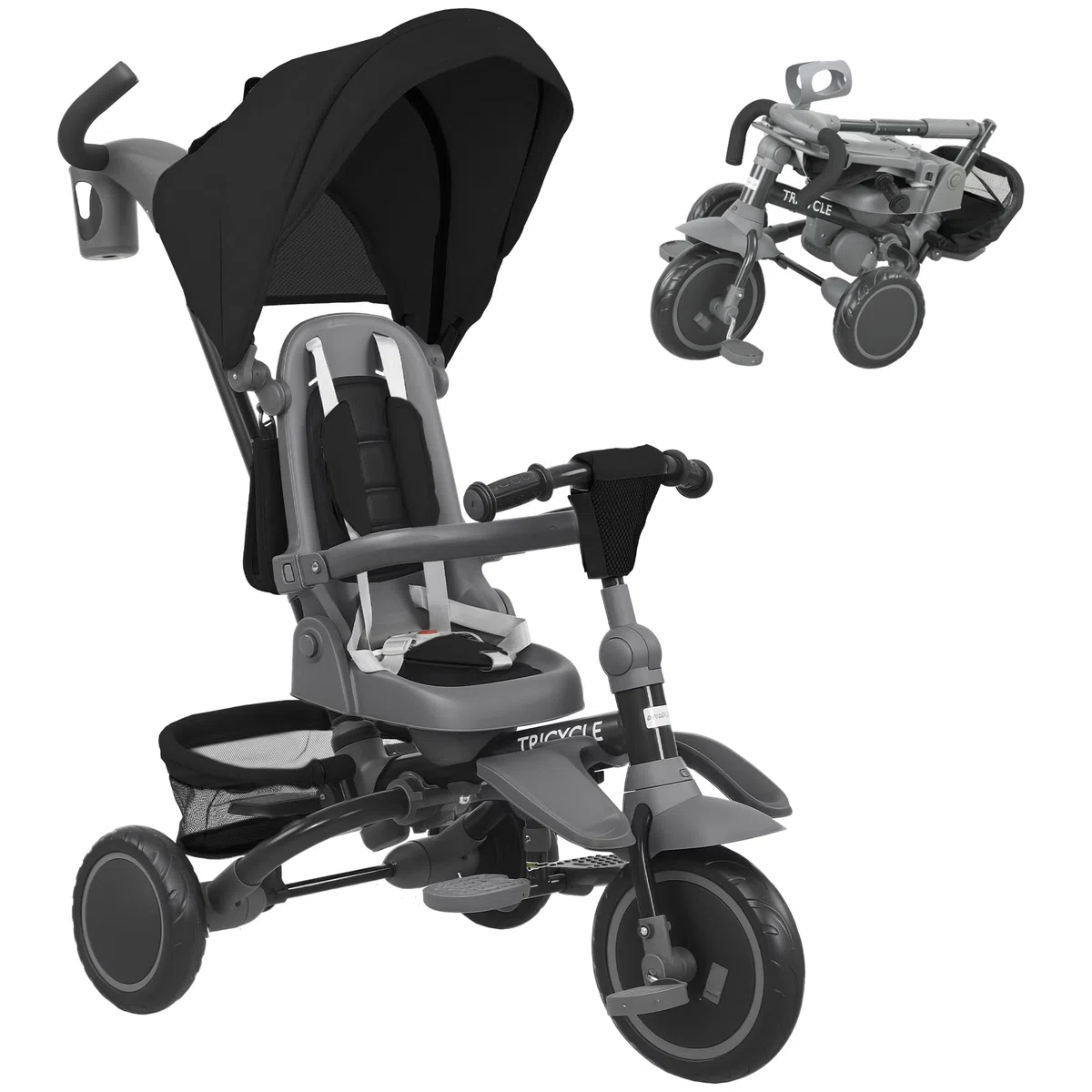 AIYAPLAY 6 in 1 Triciclo Passeggino Bici per Bambini 1-5 Anni Fino 25Kg, Triciclo Pieghevole con Sedile Girevole Fronte Mamma o Strada, Cappottina, Maniglione, Borsa, Ruote e Cintura a 5 Punti, Nero