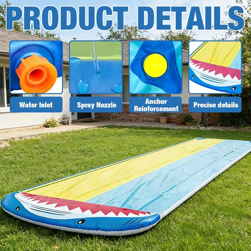 Scivolo d'Acqua 480 cm Doppio con 2 Bodyboard Irrigatore Integrato Resistente per Prato Giardino Giochi all'Aperto