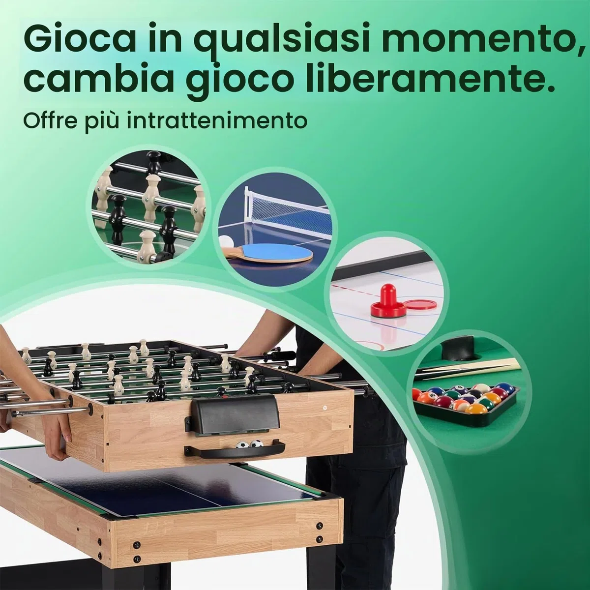 Tavolo Multigioco 4 in 1 Legno Calcio Balilla Biliardo Ping Pong Air Hockey 122x61x73 cm