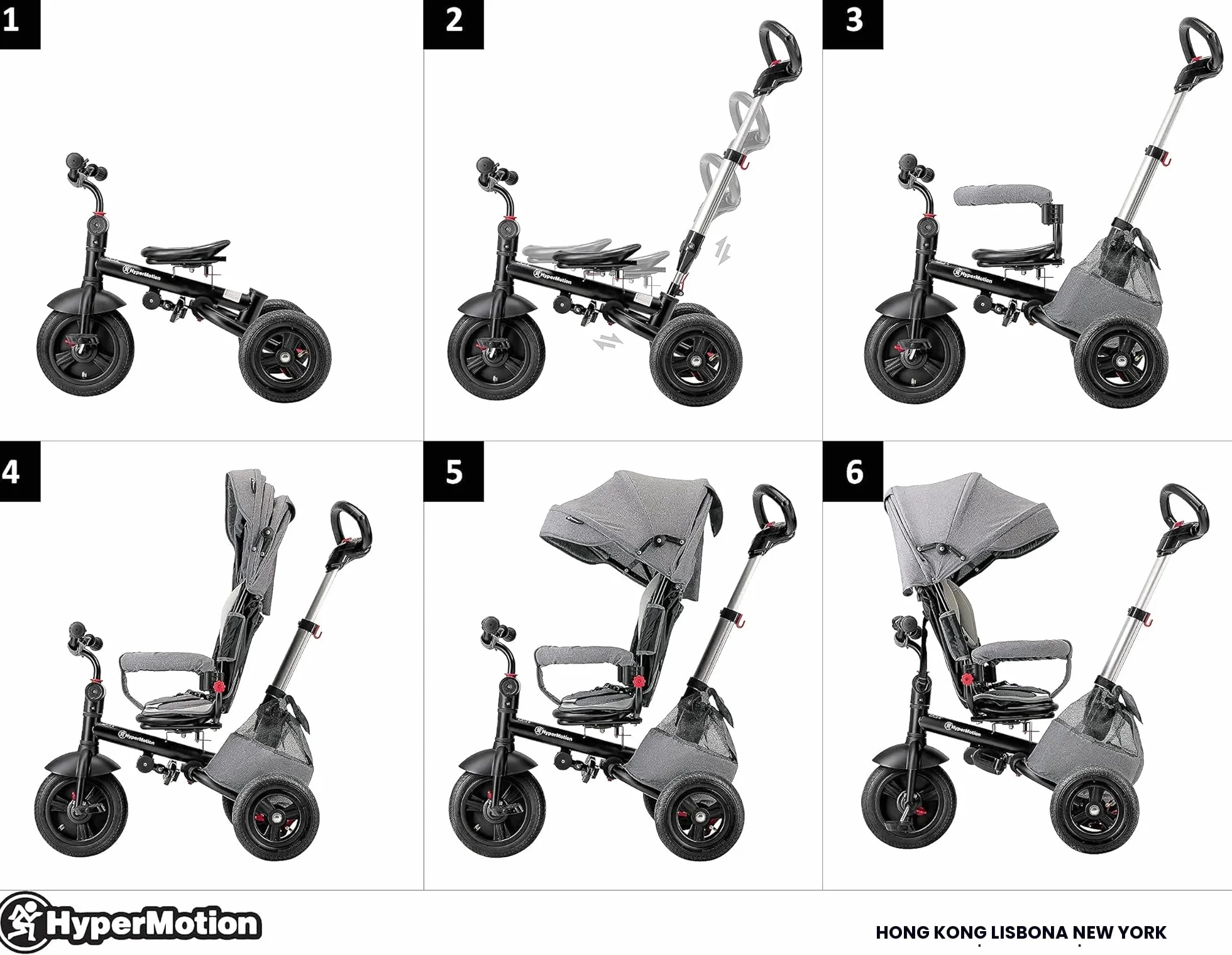 HyperMotion Passeggino Triciclo Evolutivo per Bambini 12 Mesi - 5 Anni, Bicicletta con Sedile Girevole e Ruote Gonfiabili, Portata 25 kg, Pieghevole con Parapioggia, Ideale per Parco e Giardino - Grey