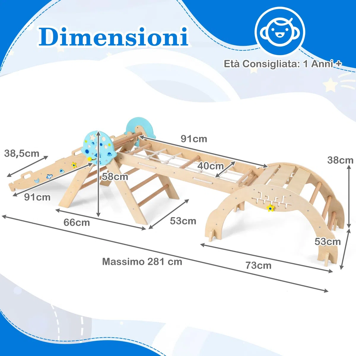 COSTWAY Set da Arrampicata in Legno per Bambini, Giocattoli Montessori 8 in 1 con Triangolo Arco Rampa e Corda, Naturale