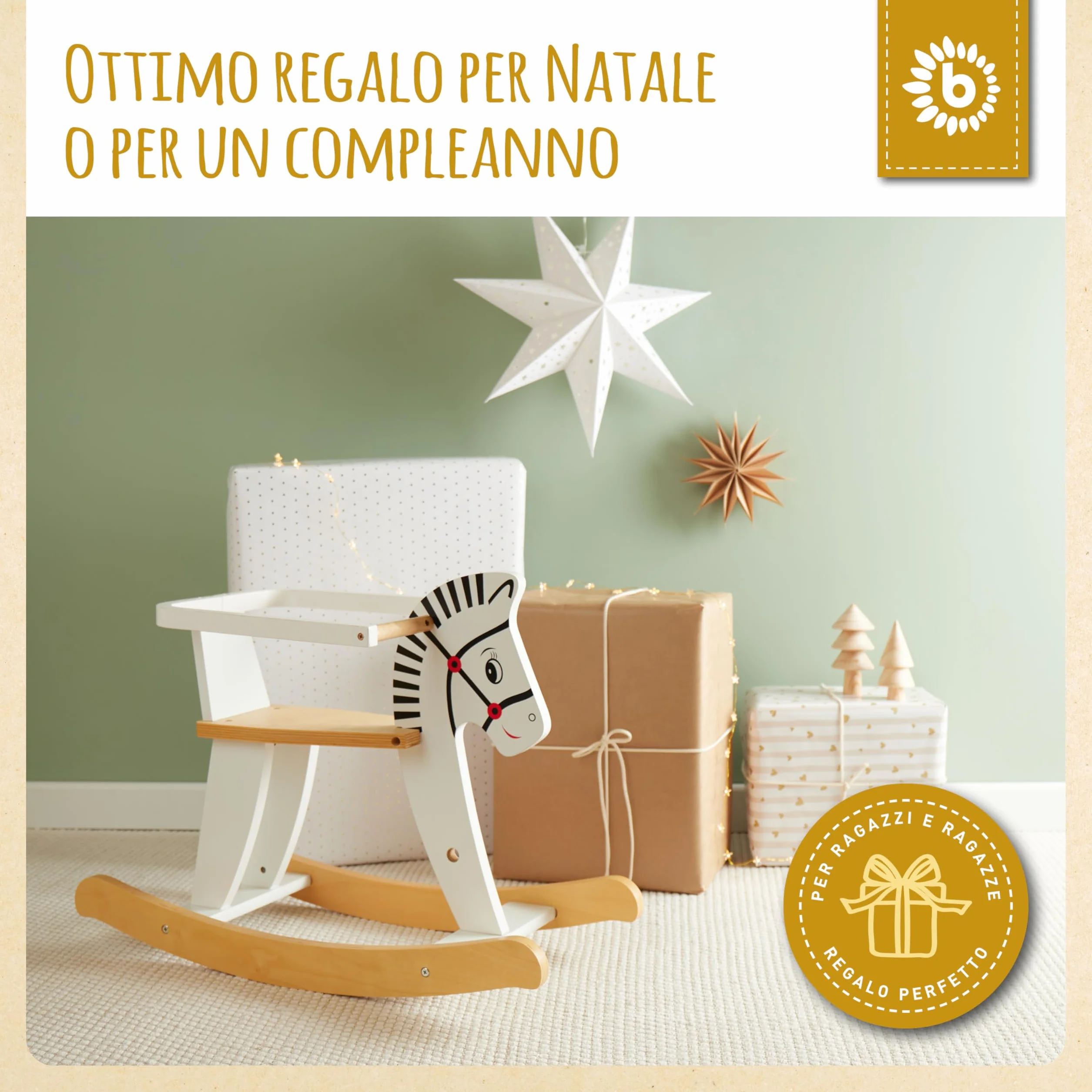 Bieco 74000210 – Cavallo a Dondolo in Legno, 68 x 26.5 x 48 cm, Bianco