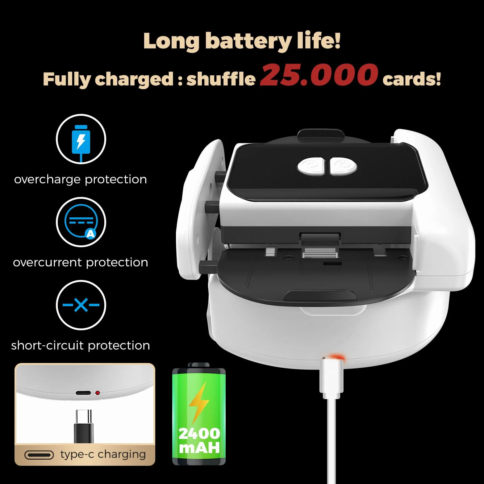 Shuffler automatico di carte, 2 modalità di funzionamento, ricaricabile con batteria a lunga durata, silenzioso, per UNO, Poker, carte Blackjack, nero (bianco e nero)