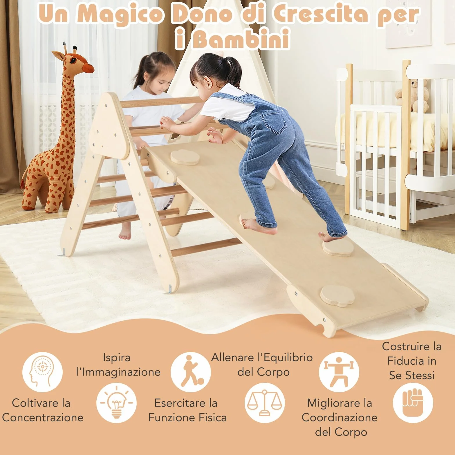 COSTWAY 4 in 1 Set da Arrampicata per Bambini, Giocattoli da Arrampicata a Triangolo con Triangolo Arco e Salita, Ideale per Bambini 1 Anni + (Naturale)