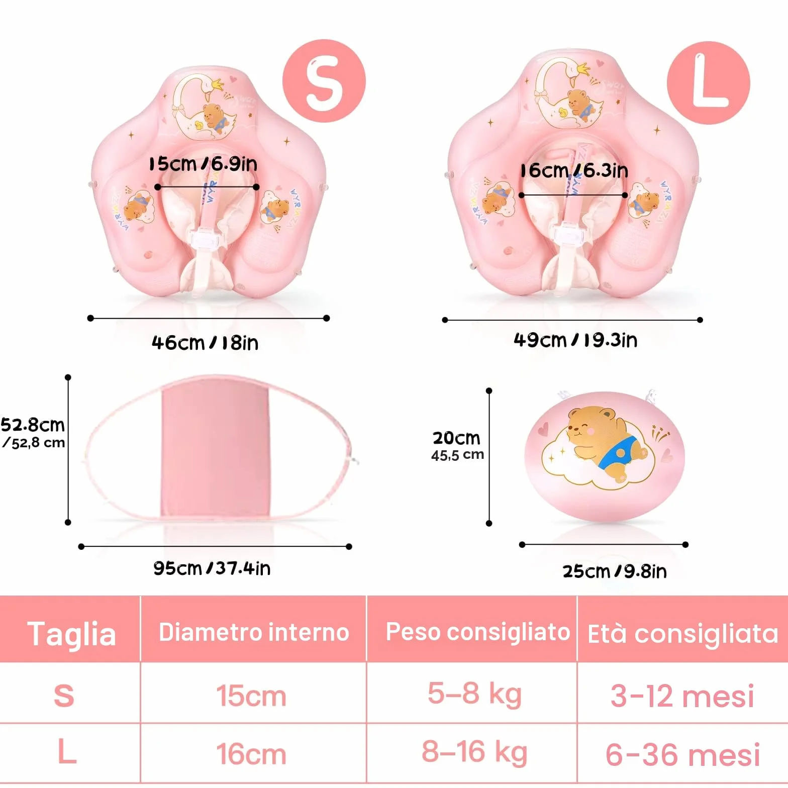 WYRIAZA Salvagente Neonato, Ciambella Neonato Mare | Salvagente Neonato con Parasole SPF 50+ | Salvagente Neonato 5-16Kgs Aggiornato con Sfera di Equilibrio per Evitare Il Ribaltamento