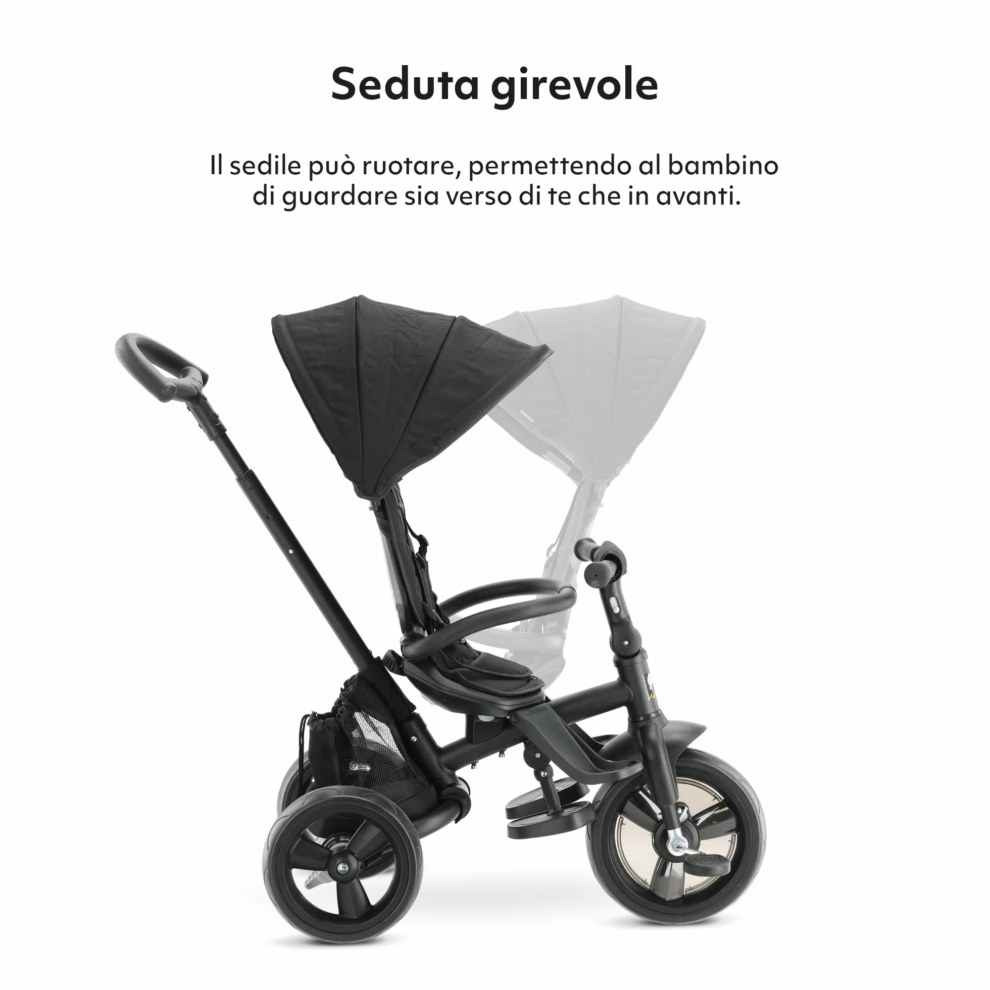 Deryan Explorer Triciclo da 9 Mesi fino a 25 kg – Triciclo per Bambini con Maniglione di Spinta – Sedile Girevole – Tettuccio Estensibile con Protezione Solare – Nero