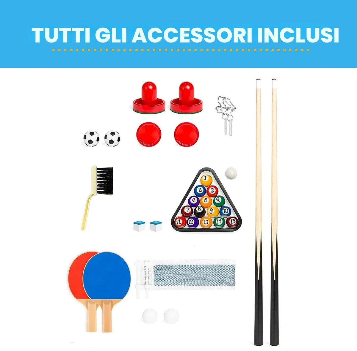 Tavolo Multigioco 4 in 1 Legno Calcio Balilla Biliardo Ping Pong Air Hockey 122x61x73 cm