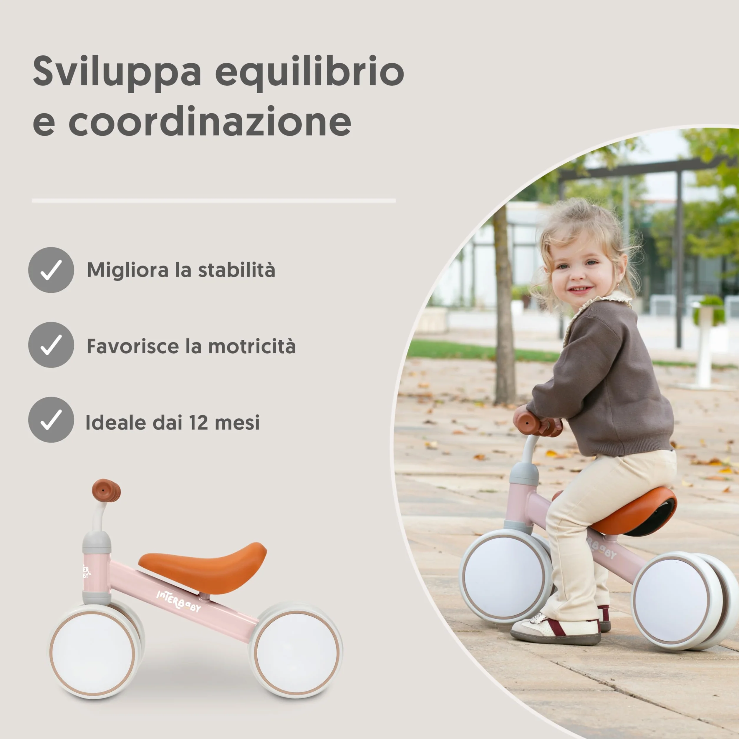 Interbaby | Bicicletta senza Pedali Bambino 1-3 Anni - Bici senza Pedali per Bambini 12-36 Mesi, Primi Passi Bambino Sicuro 4 Ruote, Prima Bici Bimbo 1-2 Anni, Regalo Bambino 1 Anno (Rosa)