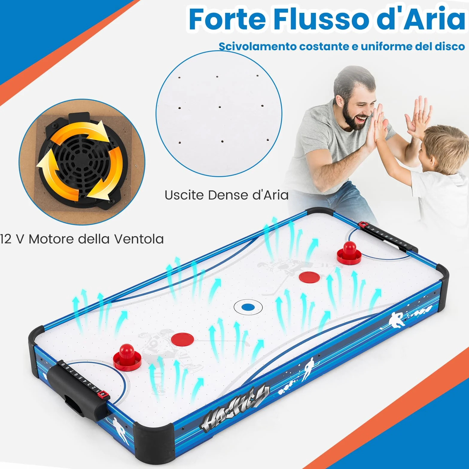 COSTWAY Tavolo da Air Hockey, con 12V Motore Elettrico Potente, 2 Dischi e 2 Spintori, Air Hockey da Tavolo per Sala Giochi Casa Ufficio, 108x50,5x10 cm