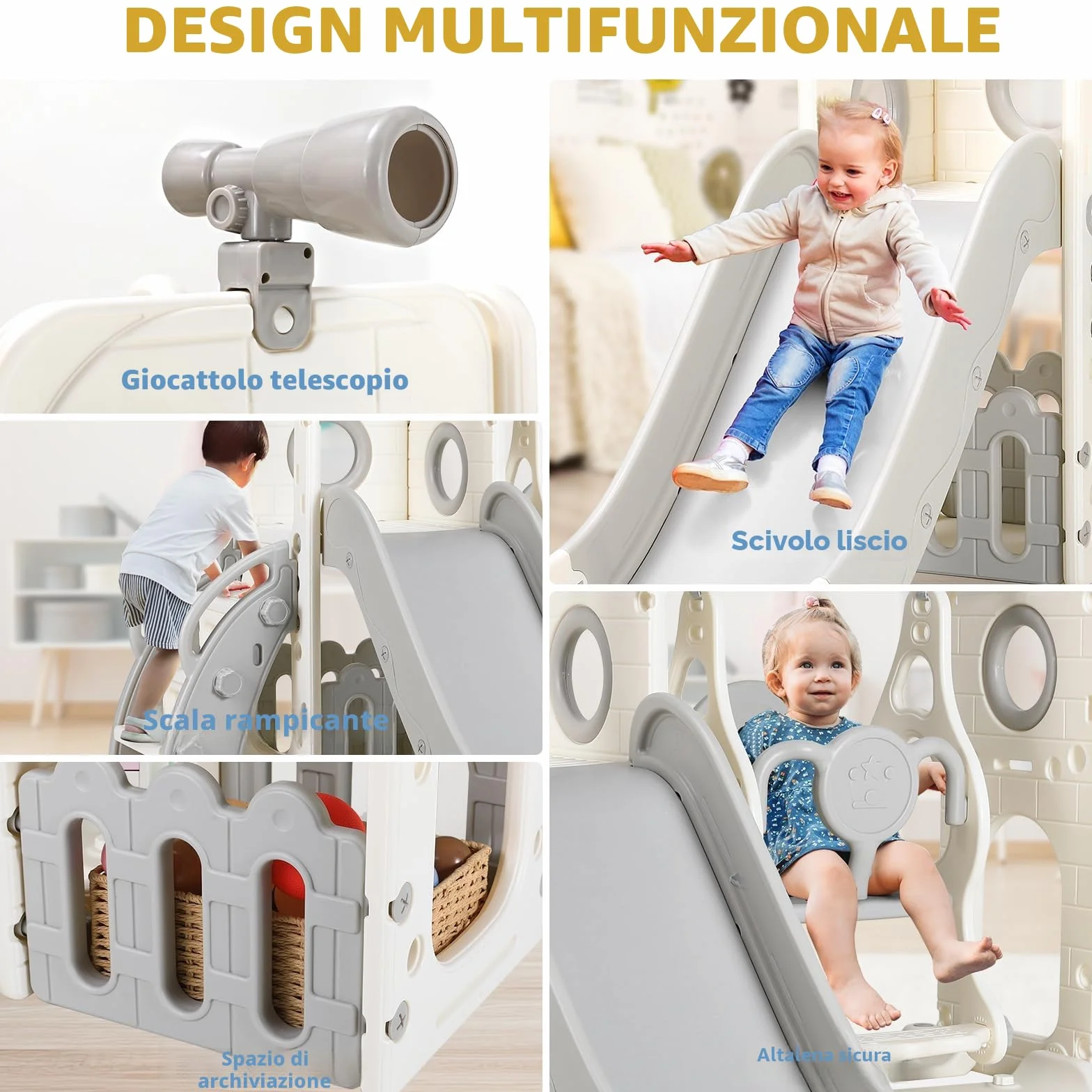 Scivolo per Bambini, Toddler Climber Swing Set, 5 in 1 Parco Giochi, con Altalena, Scivolo, Scala da Arrampicata, Telescopio, Deposito, Set di Giochi per Interni all'aperto, Scivolo Indipendente