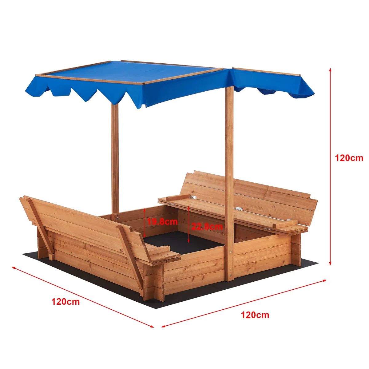 [en.casa] Sabbiera per Bambini in Legno con Panchine Integrate e Tenda Parasole Area Gioco da Giardino con Sedute Ripiegabili e Copertura per Sabbia 120 x 120 x 120 cm