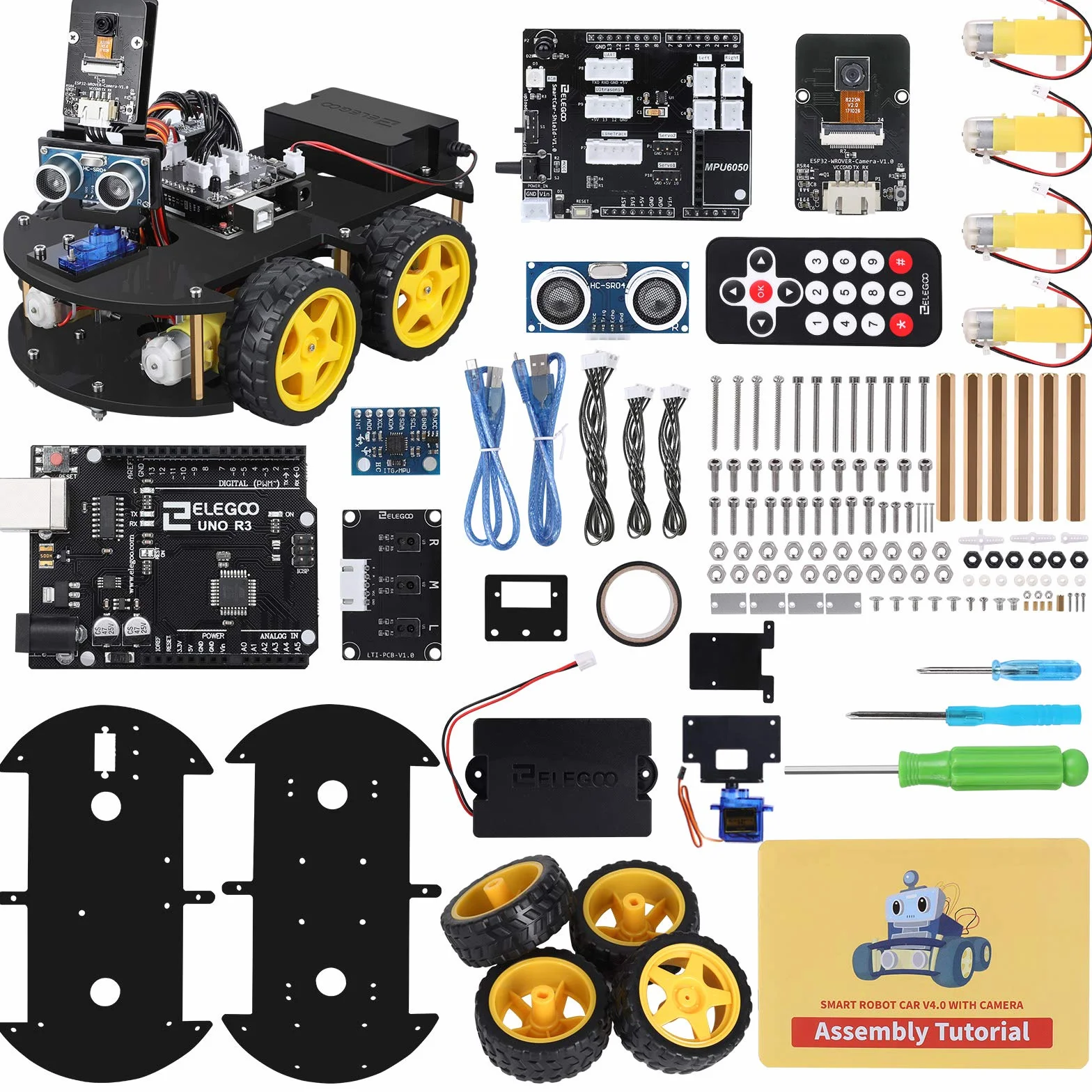 ELEGOO Kit Robotico Auto Intelligente Automatico 4.0 con UNO R3, Modulo di Tracciamento Lineare, Sensore Ad Ultrasuoni, Telecomando IR, Giocattolo Educativo per Studente Arduino