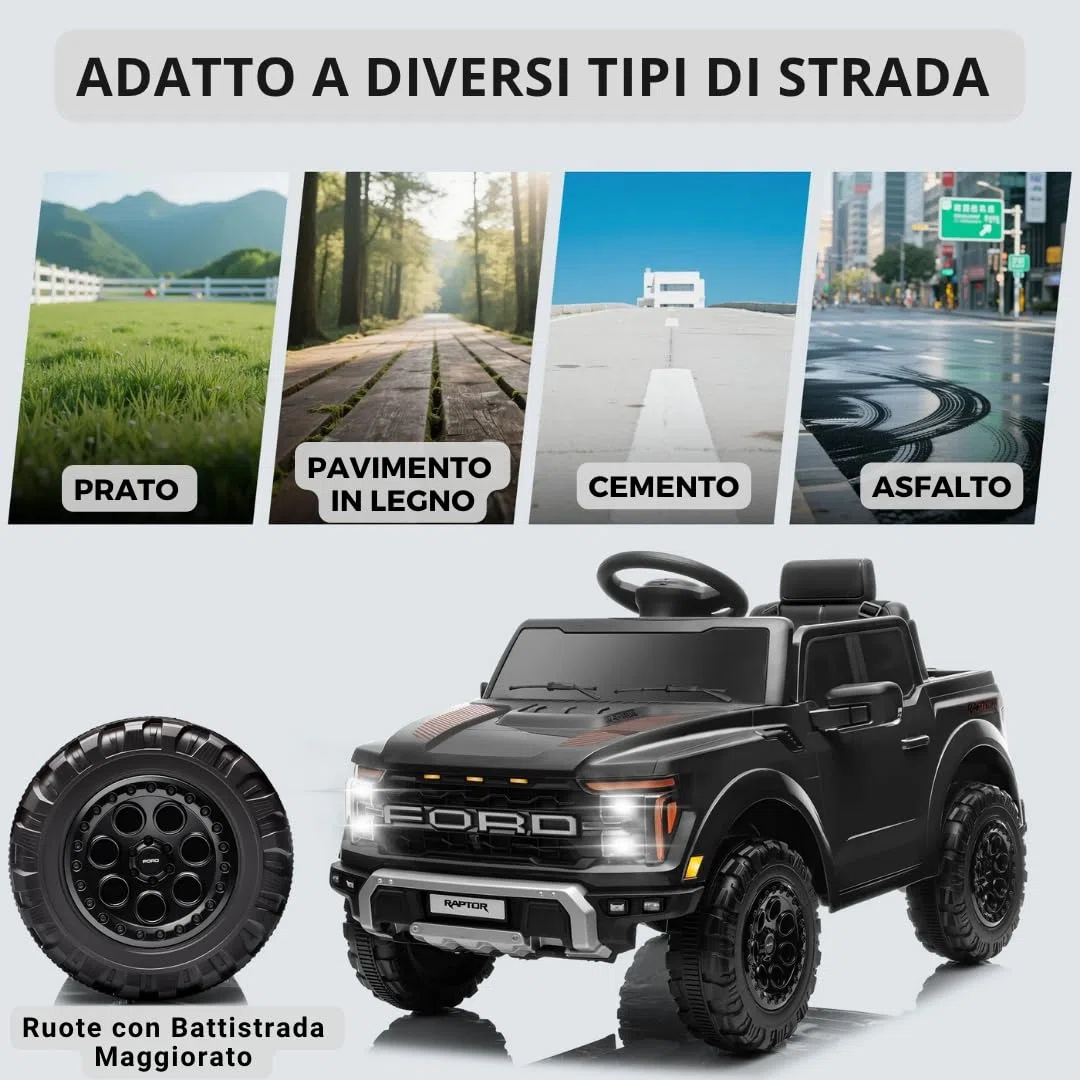 Ford F150 Raptor 12V Auto Elettrica per Bambini con Telecomando, Luci LED, Bluetooth, Cintura di Sicurezza, Carico 30 kg (Nero)