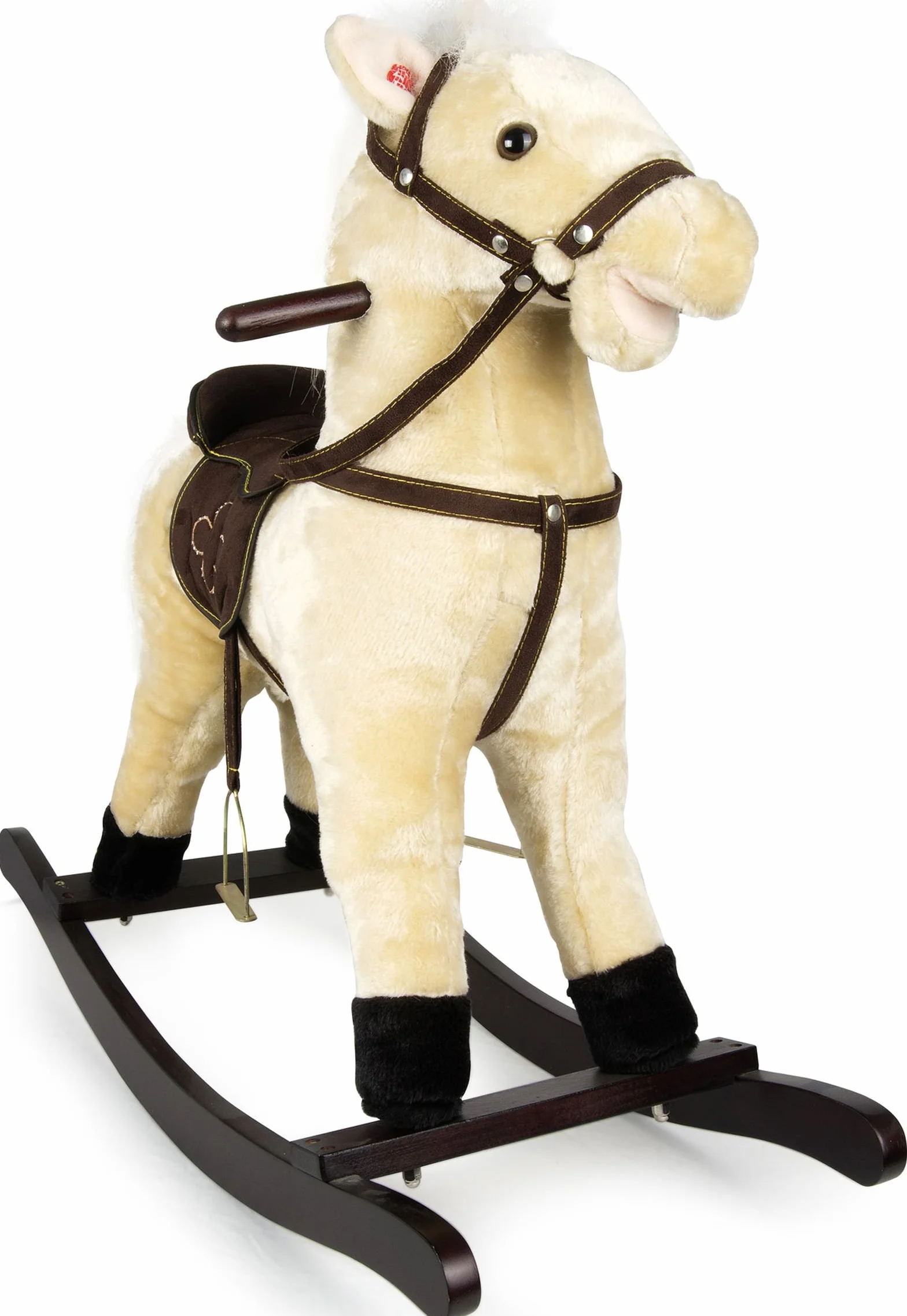 Cavallo a Dondolo per Bambini in Peluche con Suoni, Morbido e Interattivo con Struttura in Legno Sella e Staffe Giocattolo Sicuro per Divertimento e Relax Idea Regalo 74x30x70 cm.