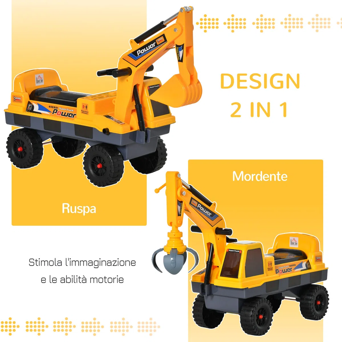 HOMCOM Ruspa Giocattolo 2 in 1 con Escavatore e Mordente, Vano Nascosto, Gioco Cavalcabile Bambini 2-3 Anni, 90x28x58cm, Giallo