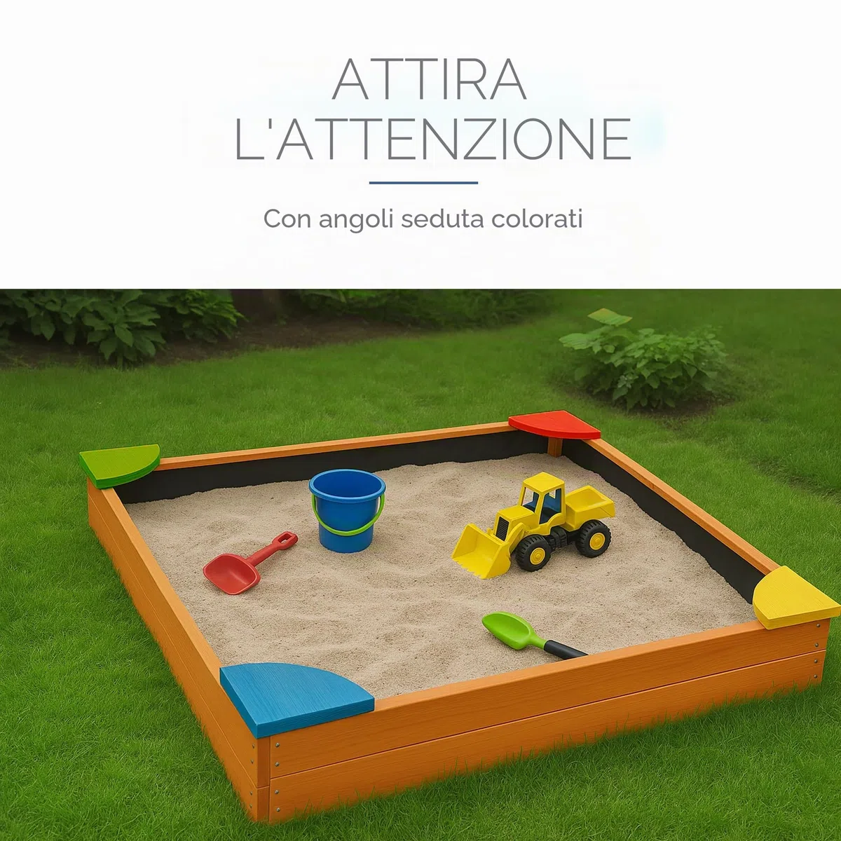 Bestlivings Sabbiera con copertura 90 x 90 x 16 cm, sandbox in legno con telone contro erbacce e coleotteri, cassetta con angoli colorati per il giardino
