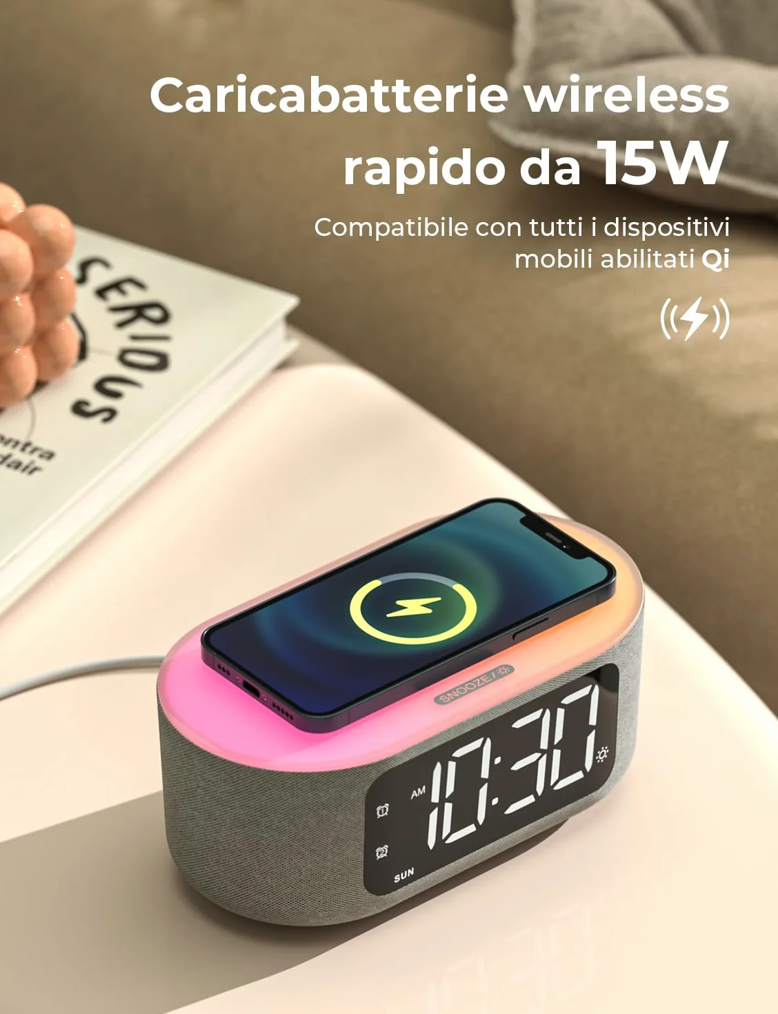 LIORQUE Sveglia Digitale Da Comodino Con Ricarica Wireless Da 15 W, Bluetooth,Doppi Allarmi, Snooze, Luce Noctturna, Timer Di Spegnimento, 10 Luminosità, 16 Livelli Di Volume,per Camera Da Letto