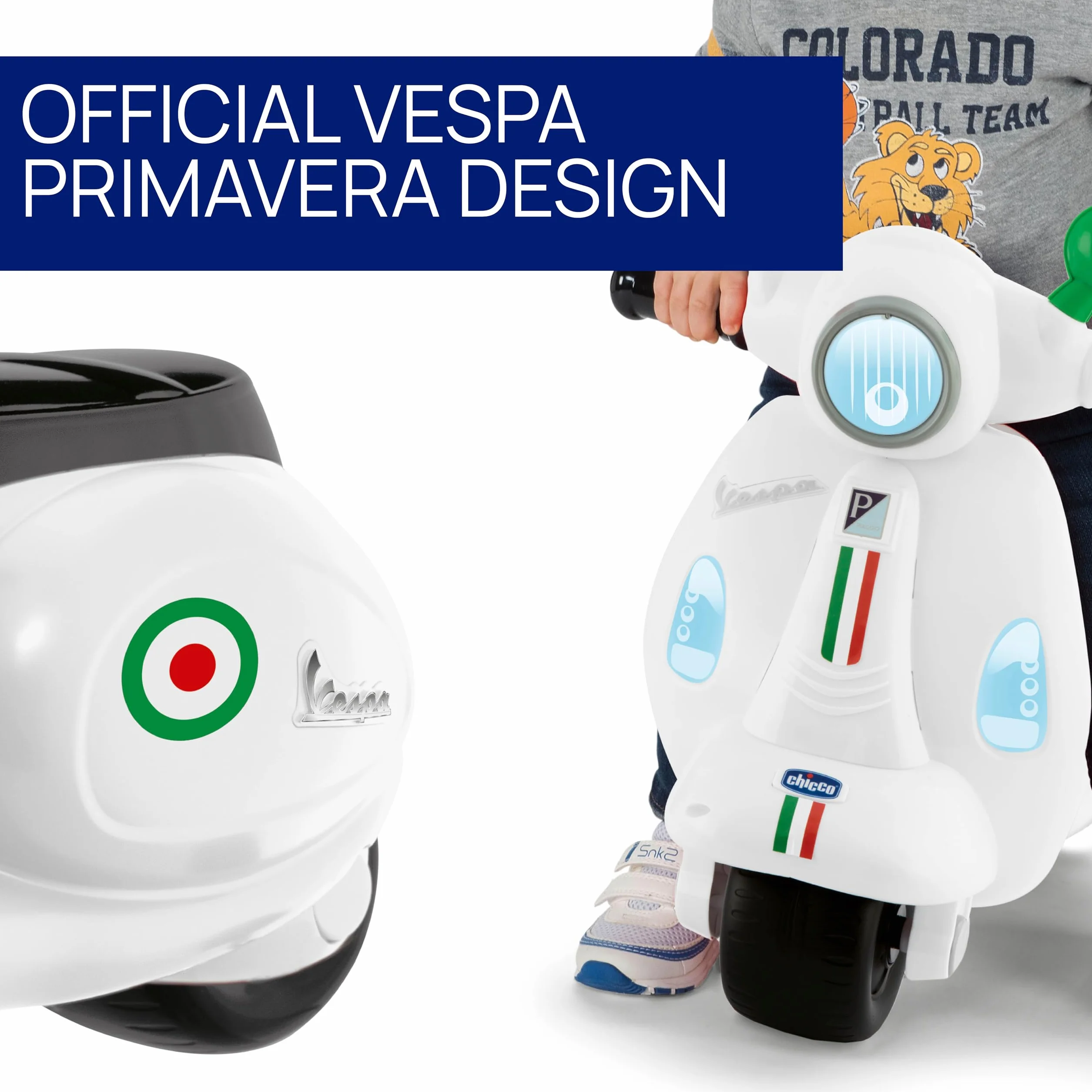 Chicco Vespa per Bambini Primavera Bianca, Moto Giocattolo Cavalcabile con Pannello Elettronico, Luci e Suoni, Ruote di Supporto Rimuovibili, Max 25 Kg, Giochi per Bambini 1-3 Anni