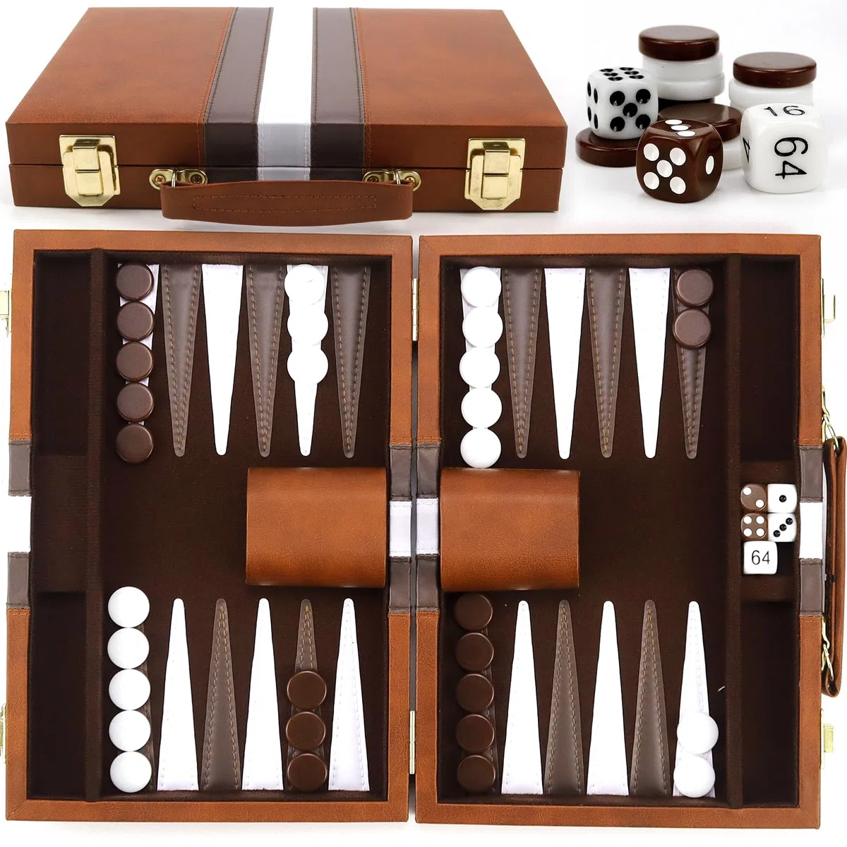 Backgammon, Set da viaggio in legno con custodia in pelle di alta qualità, Portatile, 2 giocatori, Età: 8+, Per tutte le età