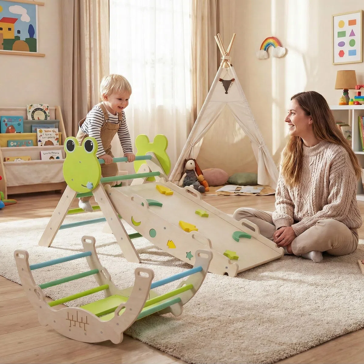 Relax4Life Triangolo di Arrampicata per Bambini con Scivolo e Arco, Gioco Montessori in Legno 1+ Anni, 3 Pezzi Verde