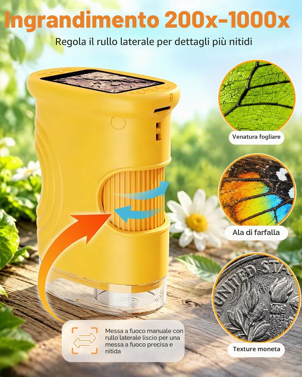 Microscopio Digitale Portatile per Bambini con schermo IPS da 2", Ricaricabile, Memoria Fotografica Integrata, 200X Mini Microscopio da Regali di Natale, compleanno o Capodanno per i 4-12 Anni-Arancio