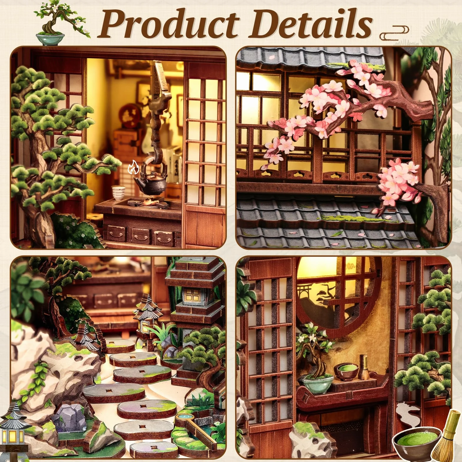 CUTEBEE Book Nook - Kit per casa delle bambole per adulti, casa giapponese in miniatura con luce LED, decorazione per libreria, regalo unico (cortile sereno)