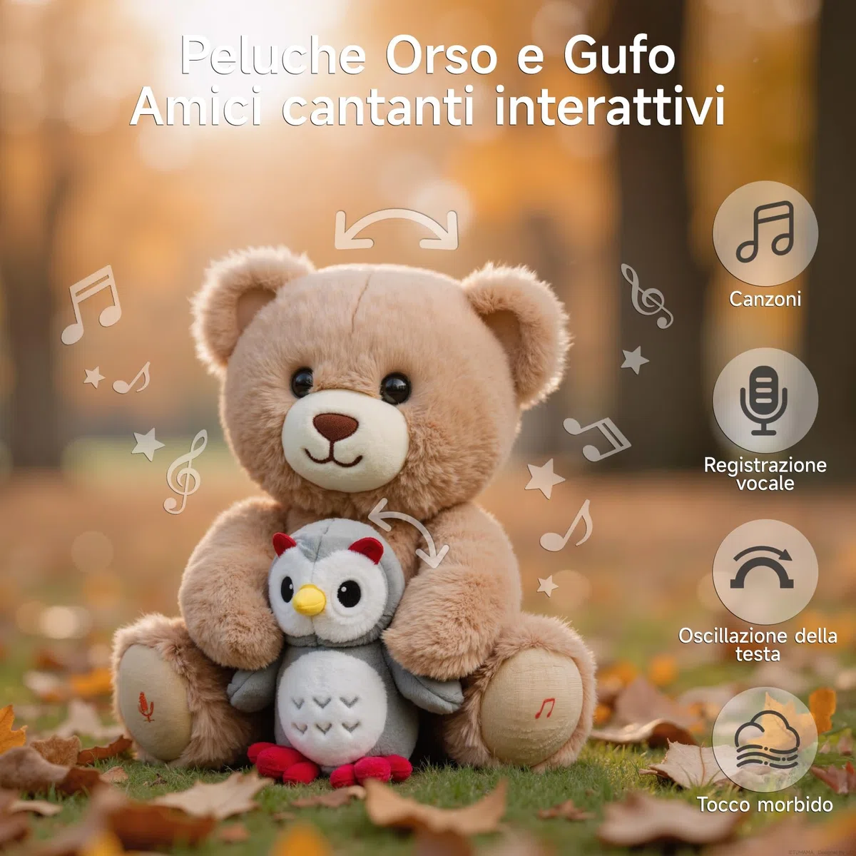 Orso Peluche Musicale Parlante Interattivo con Registra e Ripeti, Giocattolo Morbido per Bambini, Regalo per Neonati