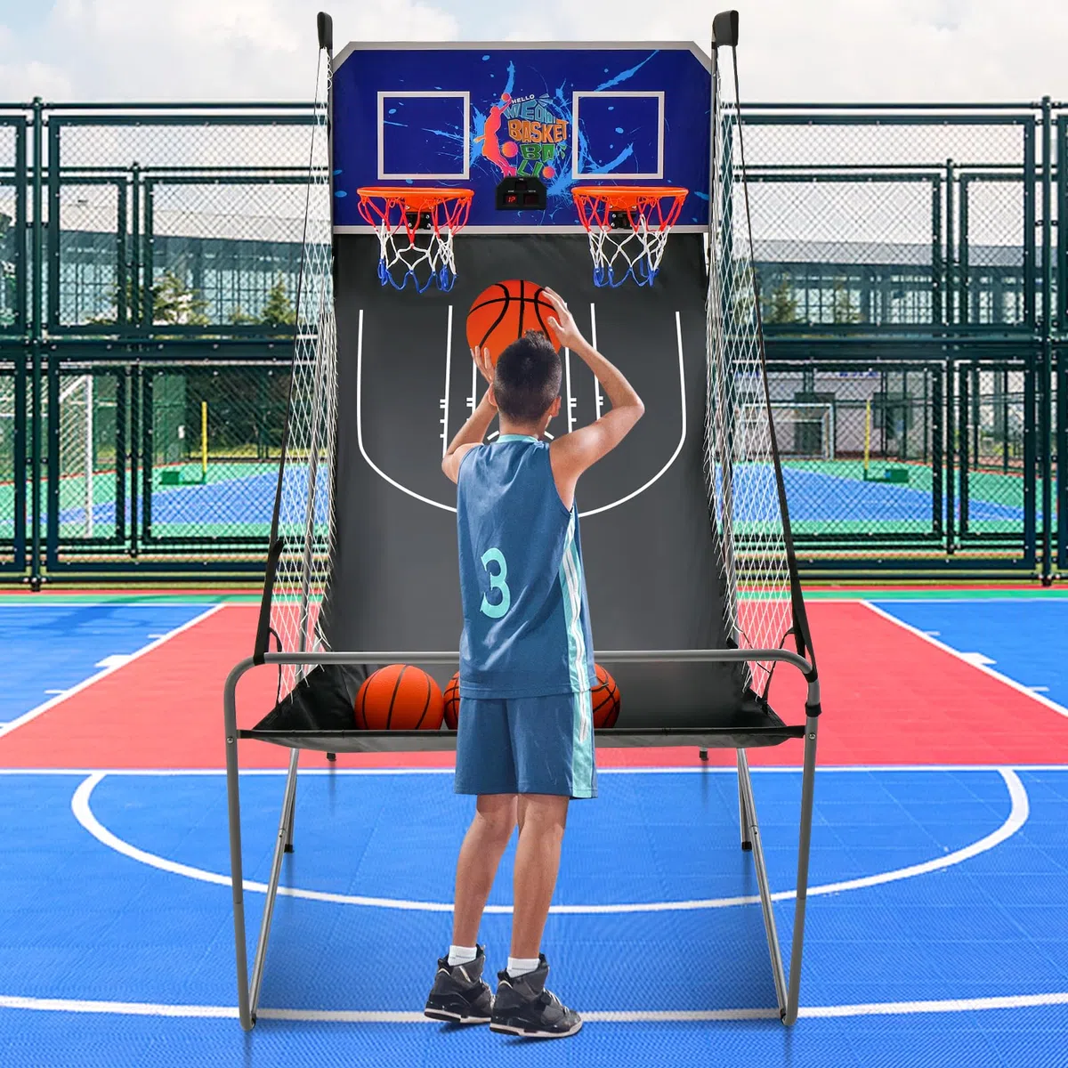 KOMFOTTEU Set di cestini da pallacanestro, arcade pieghevole a doppio cestino con contatore elettronico, 8 in 1 macchina da tiro da basket con 4 palline e pompa, 202 x 107 x 205 cm (blu)