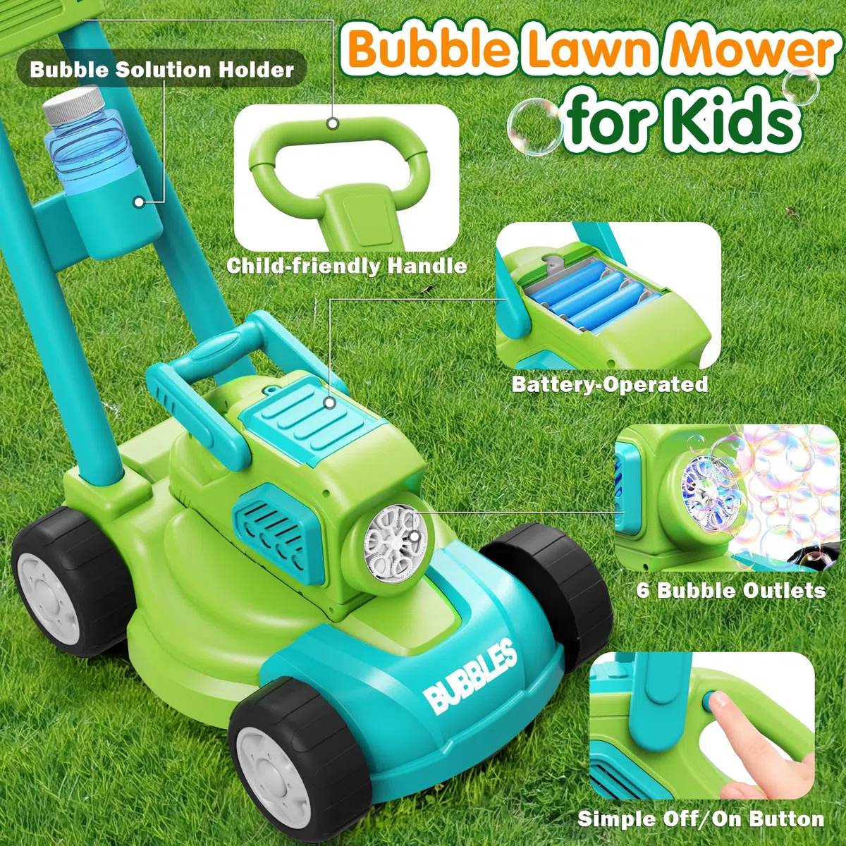 Tosaerba Spara Bolle per Bambini, Macchina per Bolle 3-in-1 con 10 Soluzioni, Giochi all'Aperto per Bambini 3-8 Anni, Regalo di Compleanno Pasqua Estate per Ragazzi e Ragazze 3 4 5 6 7 8 Anni