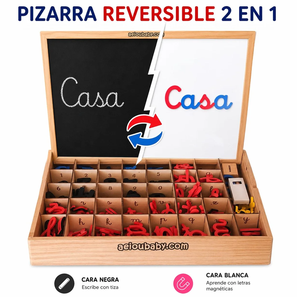 Lettere e numeri magnetici Montessori | Legato Cursive Mobile Legate. Maiuscole, minuscole e cifre in gomma EVA | Lavagna reversibile e scatola di legno | Gioco educativo Imparare a leggere e scrivere